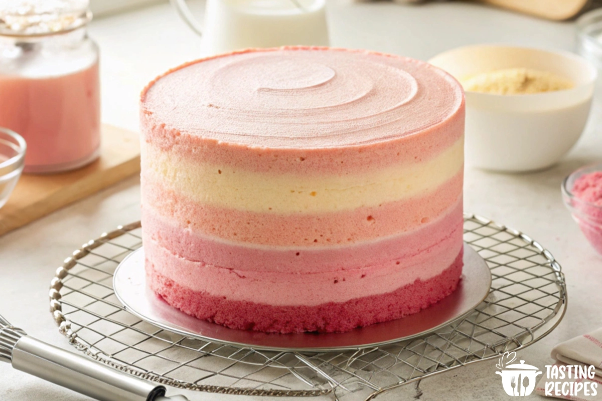 A vibrant ombre cake with soft pastel layers and creamy frosting.