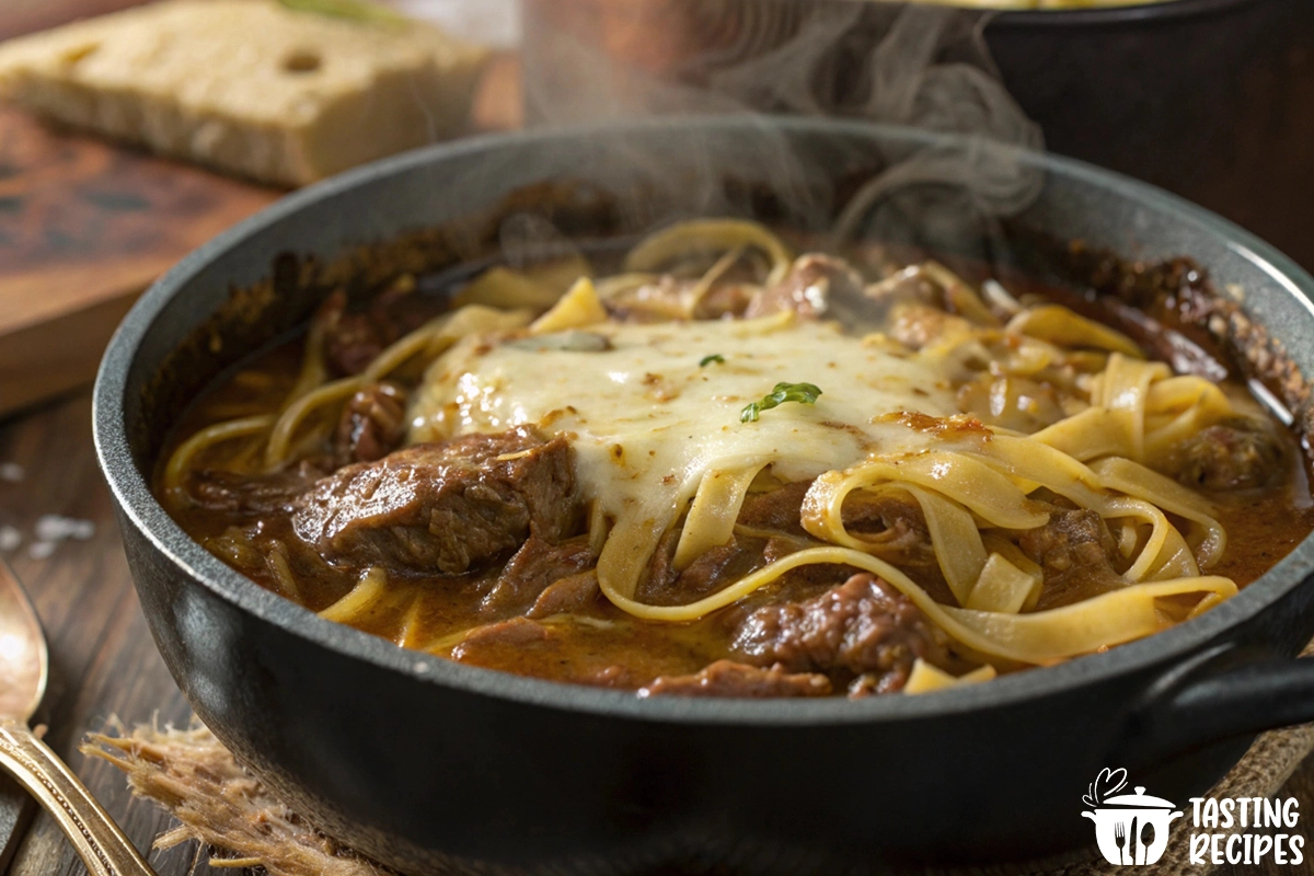 French Onion Beef and Noodles served in a white bowl with melted cheese on top.