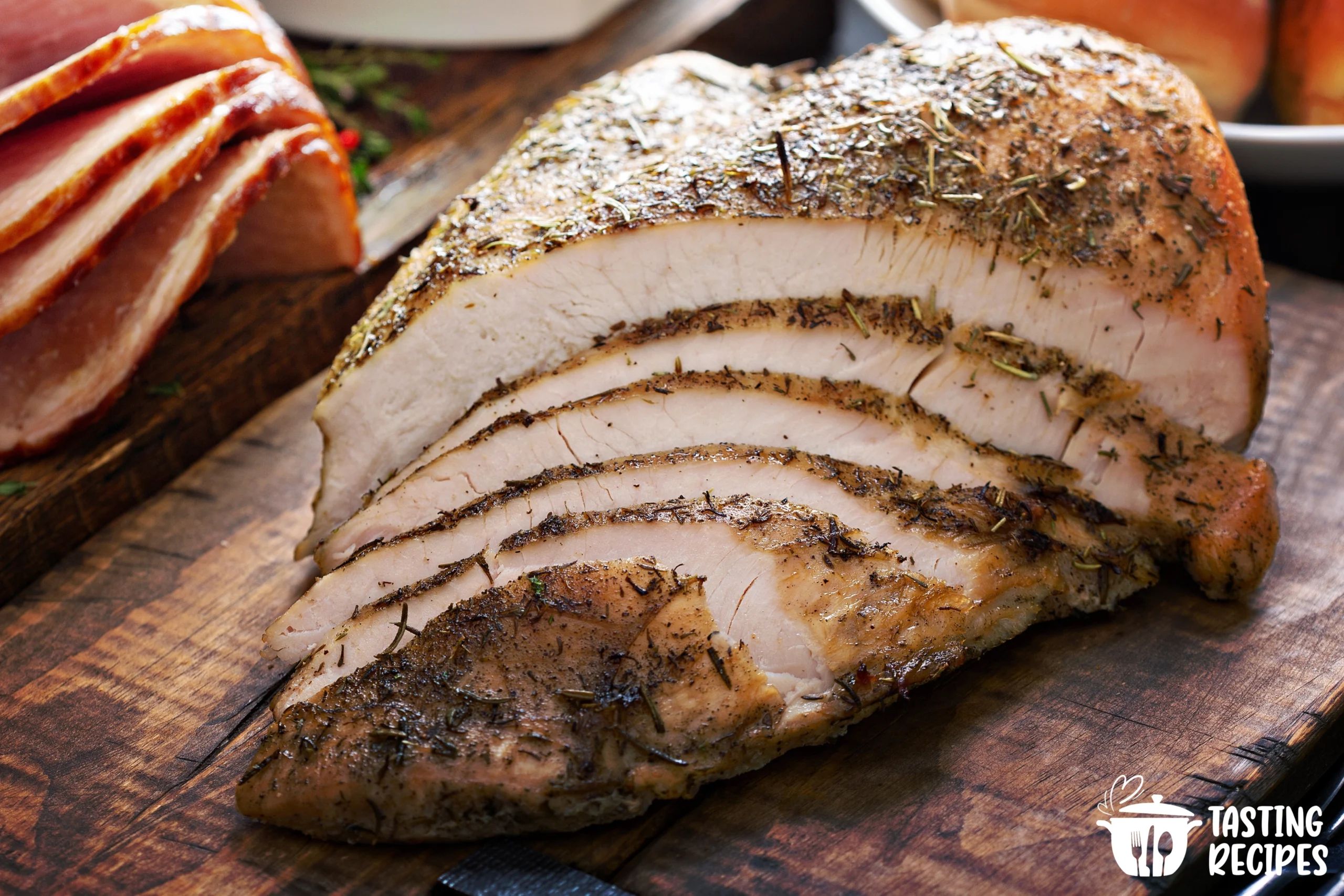 Sous vide turkey breast sliced on a wooden cutting board