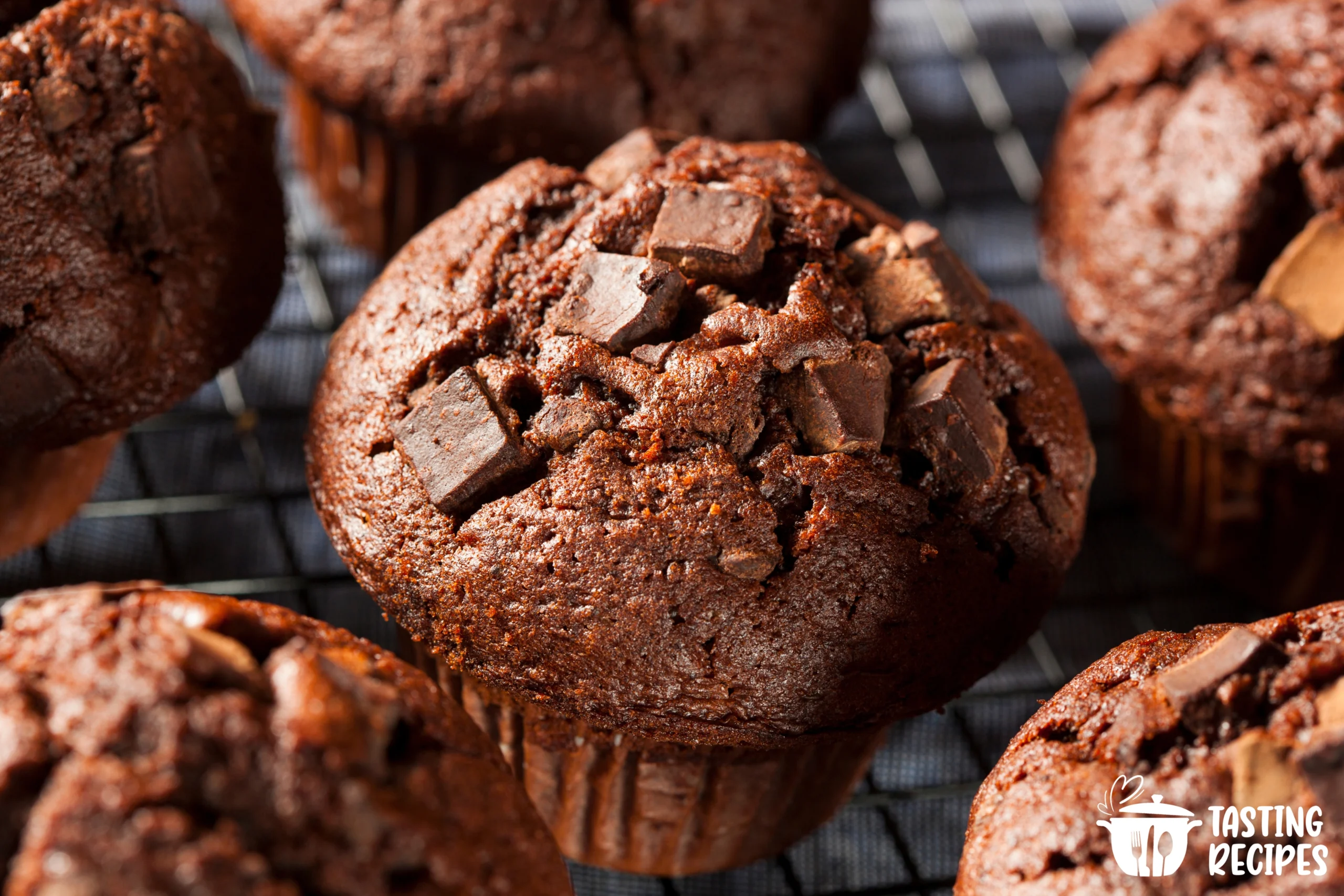 Freshly baked chocolate protein muffins on a cooling rack