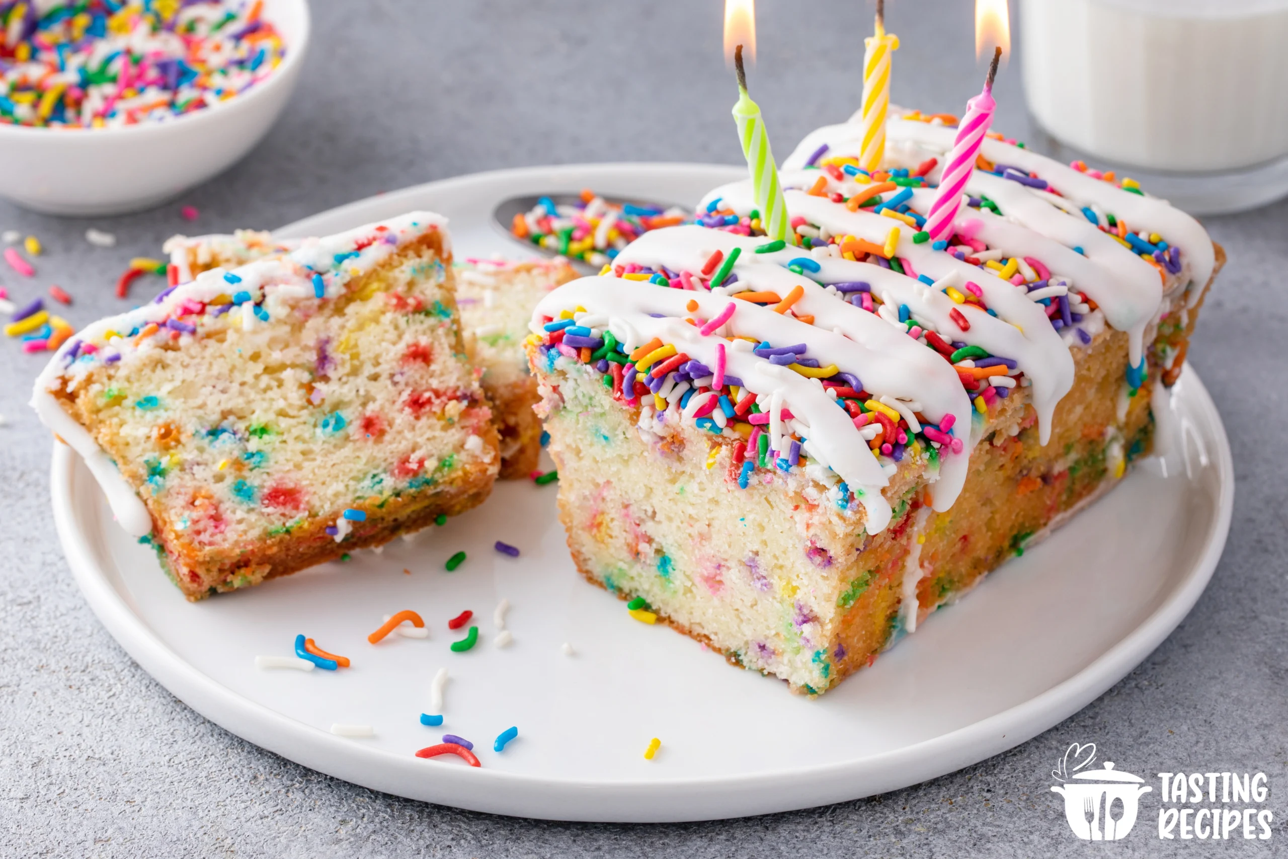 A vibrant funfetti cheesecake topped with whipped cream and colorful sprinkles.