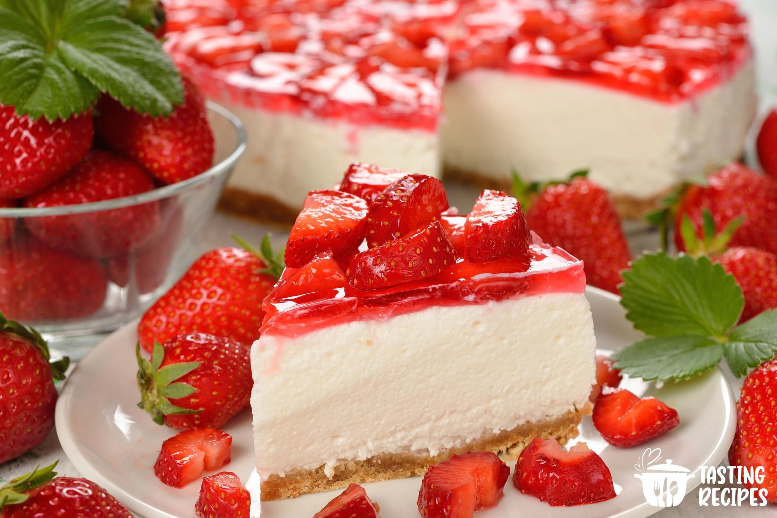 Aesthetic strawberry cheesecake with fresh strawberries on top