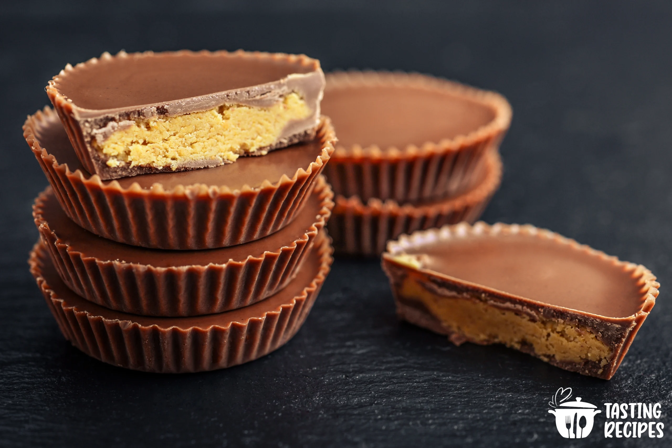 Keto peanut butter cups on a plate with a bite taken out