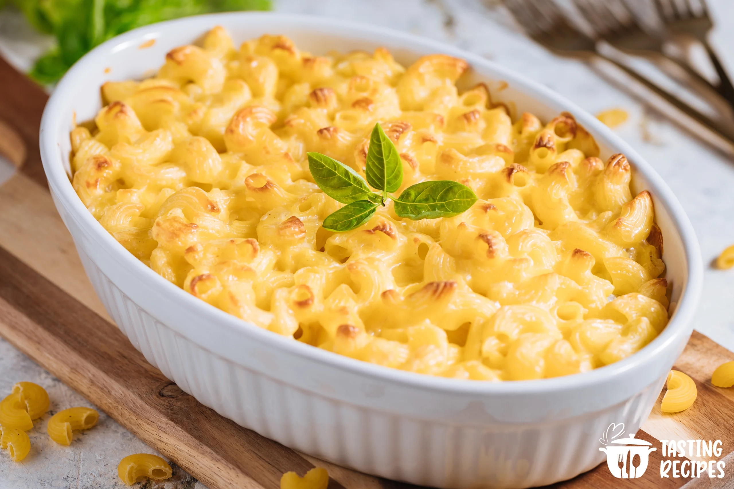 A bowl of Tini's mac and cheese with melted cheddar and Gruyère cheese