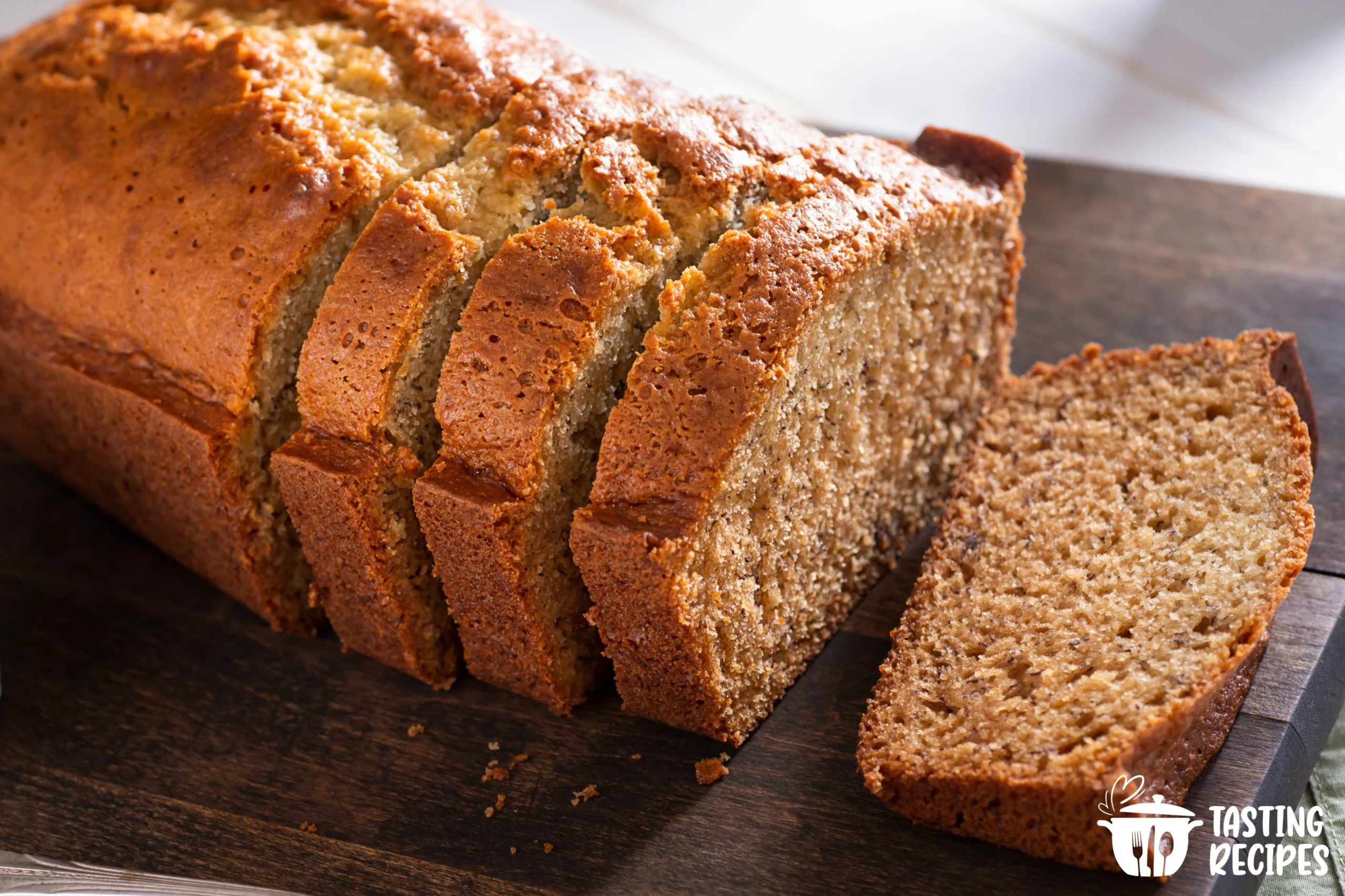 Moist banana bread without baking soda on a wooden board