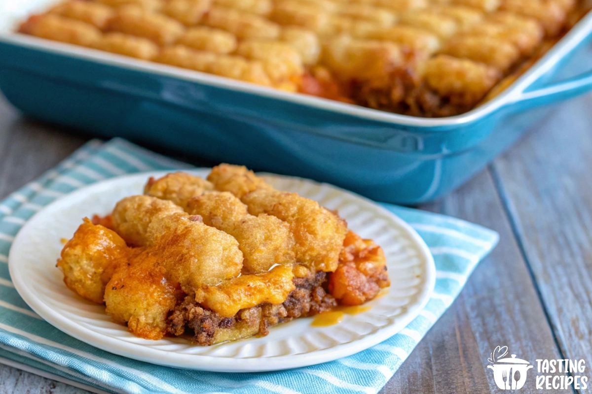 A cheeseburger tater tot casserole with golden tater tots and melted cheese in a white baking dish.