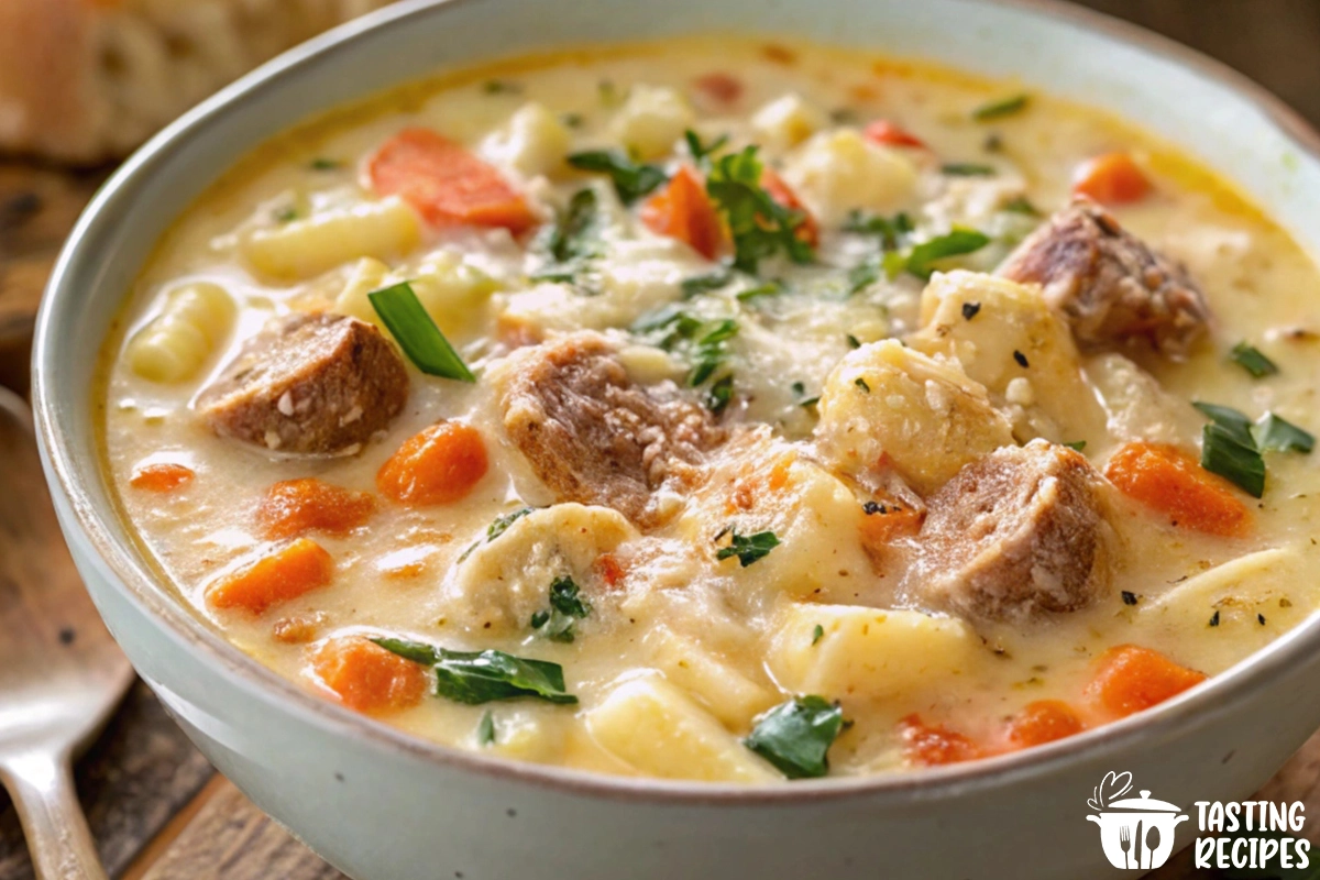 A bowl of creamy parmesan Italian sausage soup garnished with parmesan shavings and served with crusty bread.