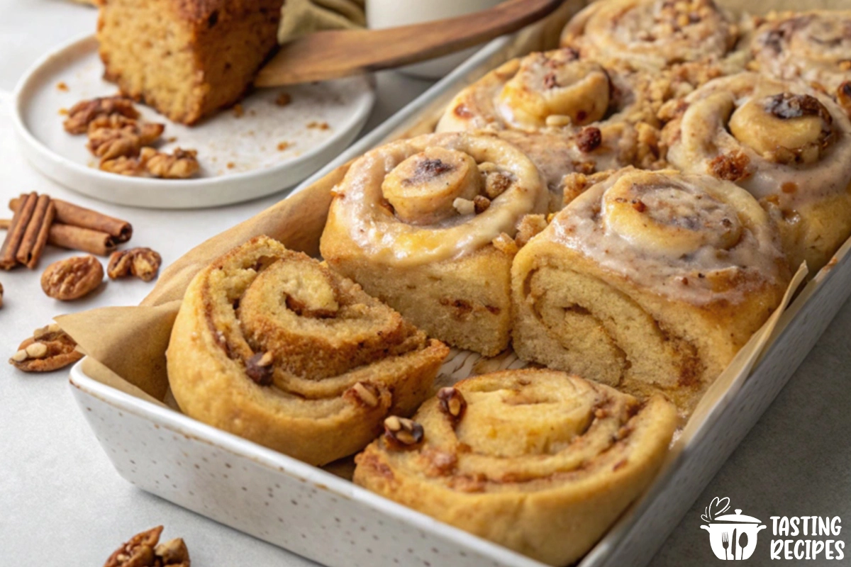 Freshly baked banana bread cinnamon rolls with glaze in a baking dish