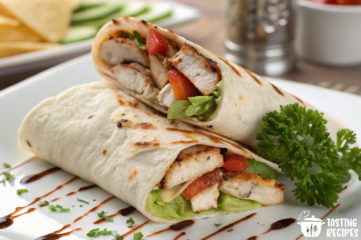 A grilled chicken wrap with fresh vegetables and creamy dressing on a white plate.