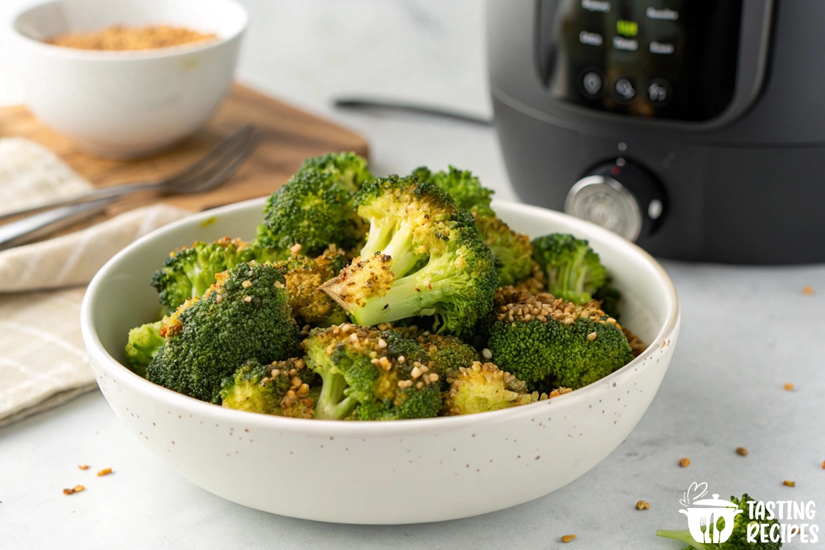 Crispy and golden broccoli florets cooked in an air fryer, served in a white bowl.