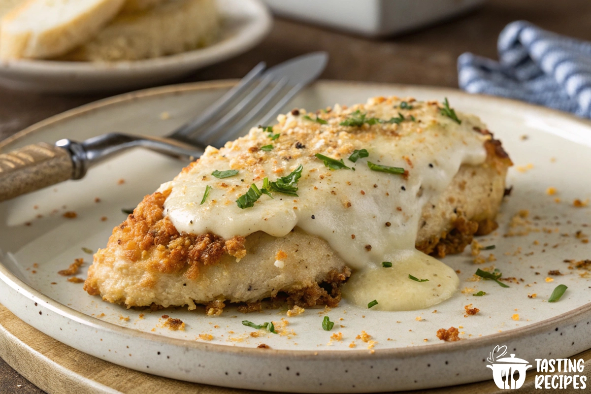 Longhorn Parmesan Crusted Chicken with crispy cheese topping and fresh garnish.