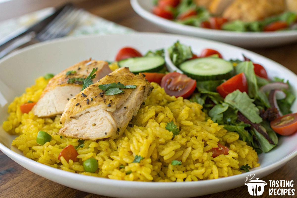 Yellow rice and grilled chicken breast served with vegetables.