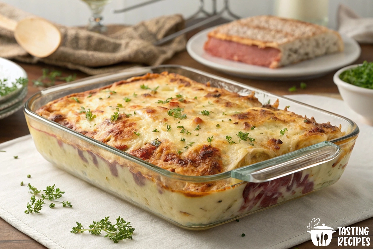 A freshly baked Reuben casserole with layers of corned beef, sauerkraut, and melted Swiss cheese.