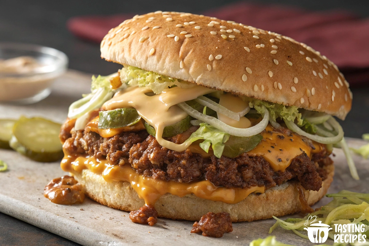 Big Mac Sloppy Joe with special sauce, lettuce, pickles, and cheese on a sesame seed bun