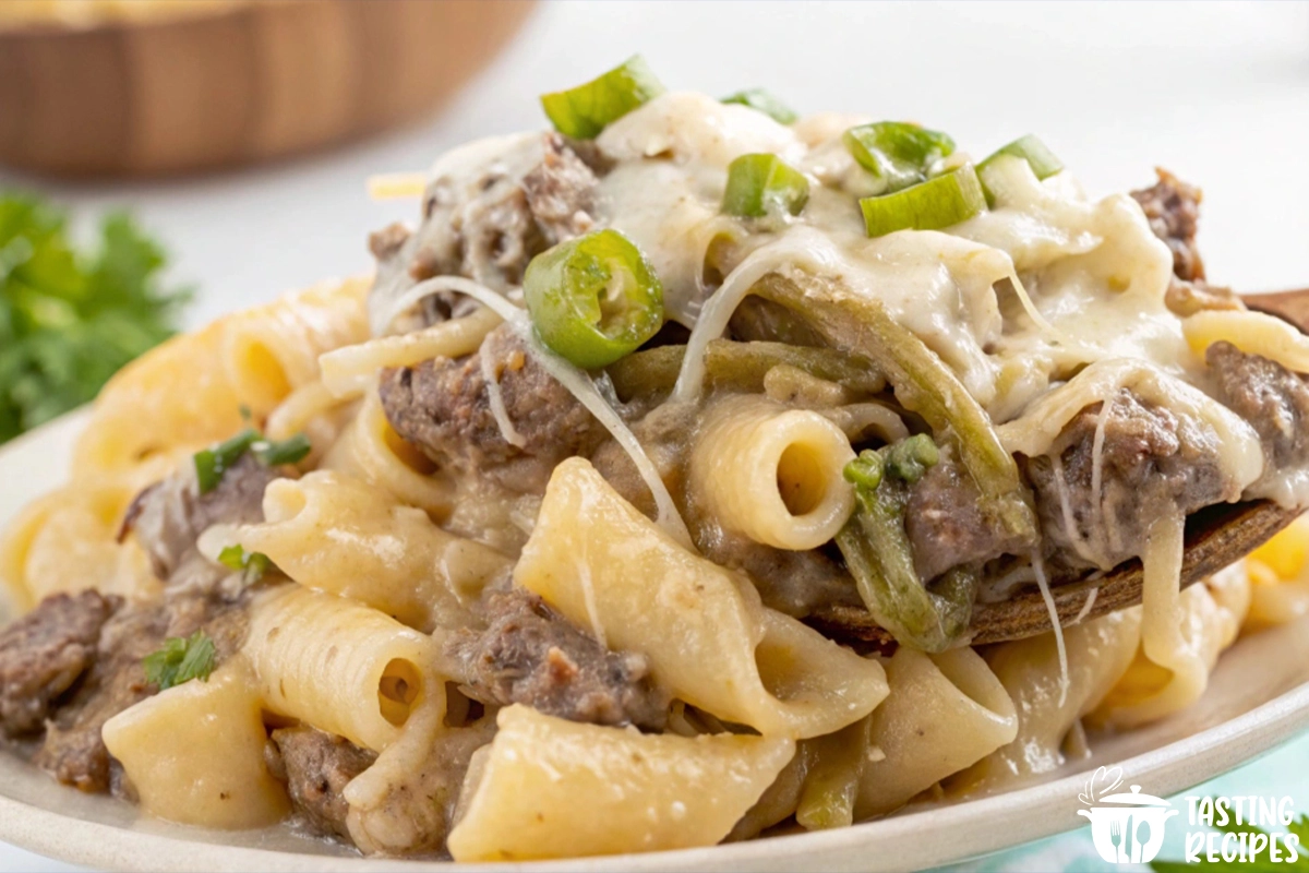 A creamy plate of Philly cheesesteak pasta with tender beef and melted cheese.