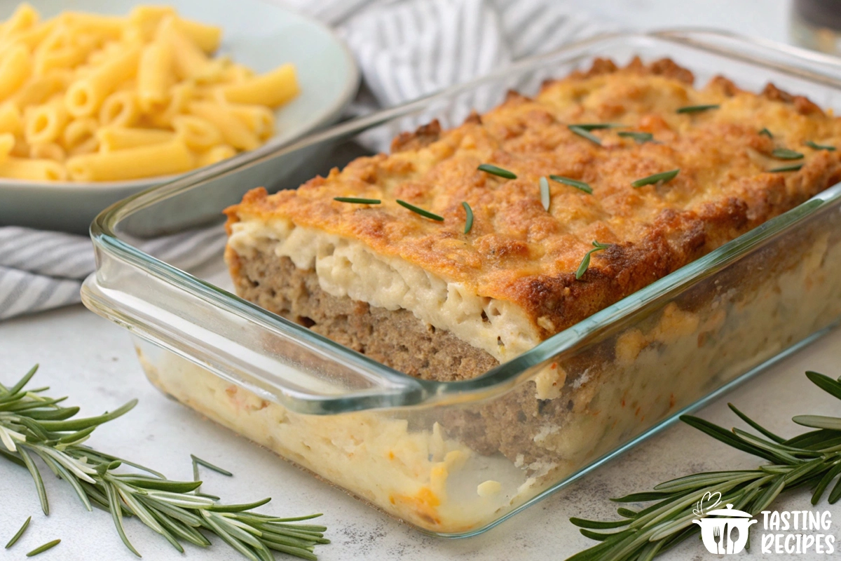 Mac and cheese meatloaf casserole with golden crispy cheese topping, served on a plate.