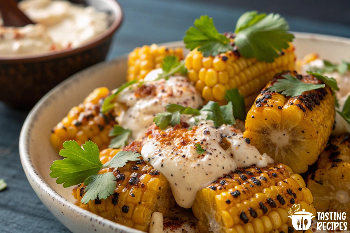 A vibrant street corn pollo bowl with grilled chicken, roasted corn, rice, avocado, and toppings.