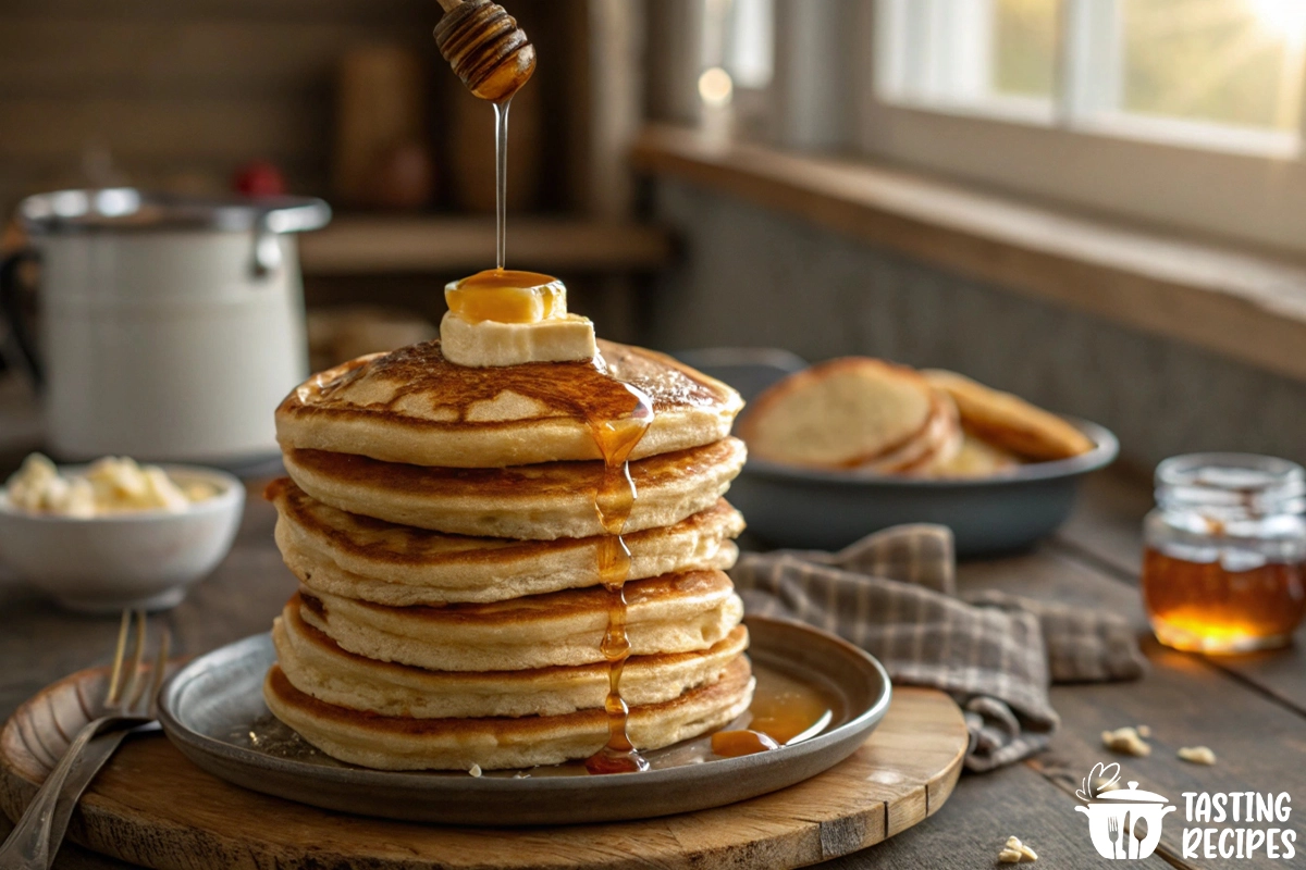 A stack of fluffy pancakes showing what makes pancakes fluffy and helps them rise.