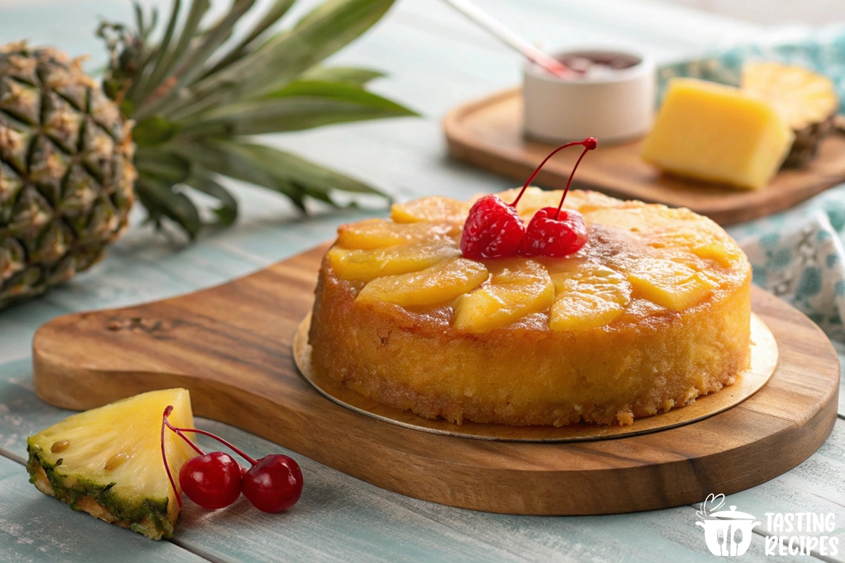 A perfectly layered pineapple upside down cake shot with cherry garnish.