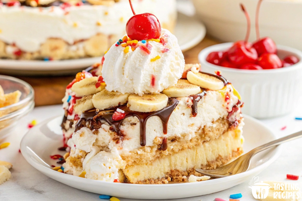 A delicious and colorful banana split cake with whipped cream and cherries.