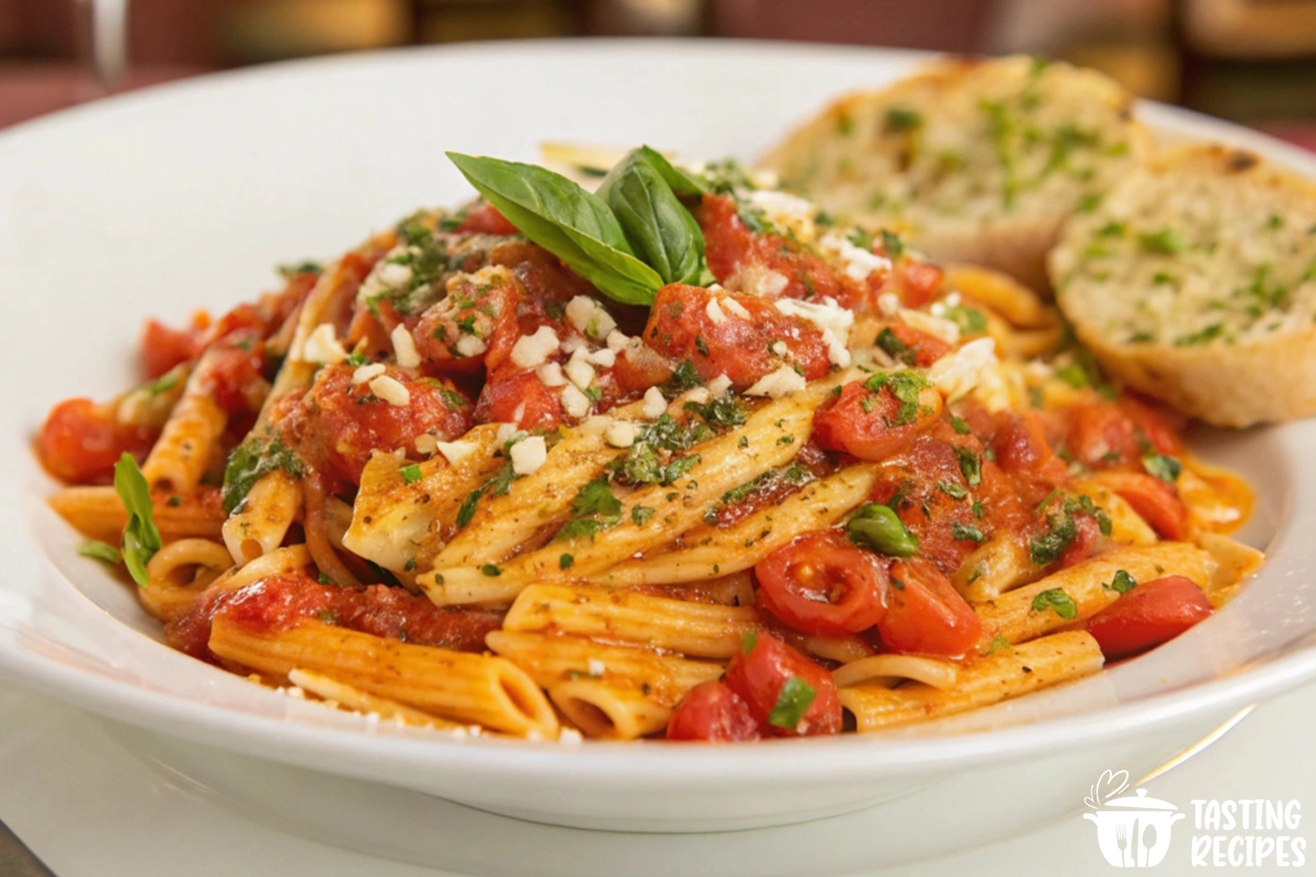 A creamy tomato basil pasta with fresh basil leaves in a white bowl