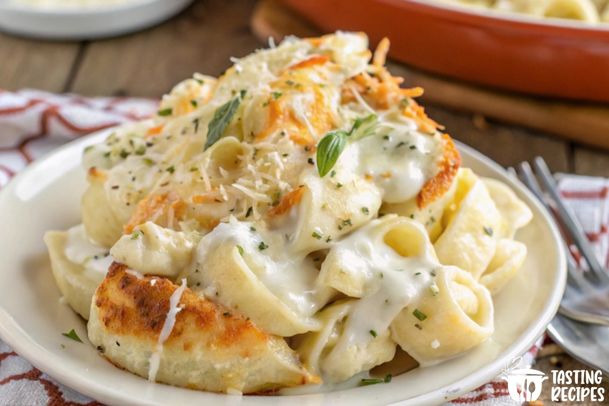 A creamy Chicken Tortellini Alfredo dish with tender chicken and vibrant pasta.