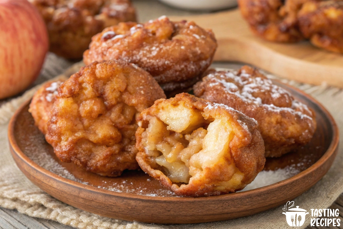 A batch of golden baked apple fritters topped with glaze and served on a white plate."