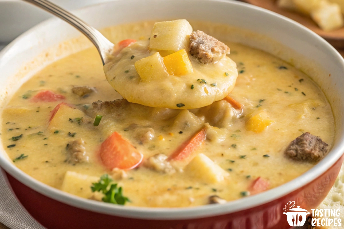 A comforting bowl of Hamburger and Potato Soup with creamy broth, ground beef, and vegetables, garnished with parsley.