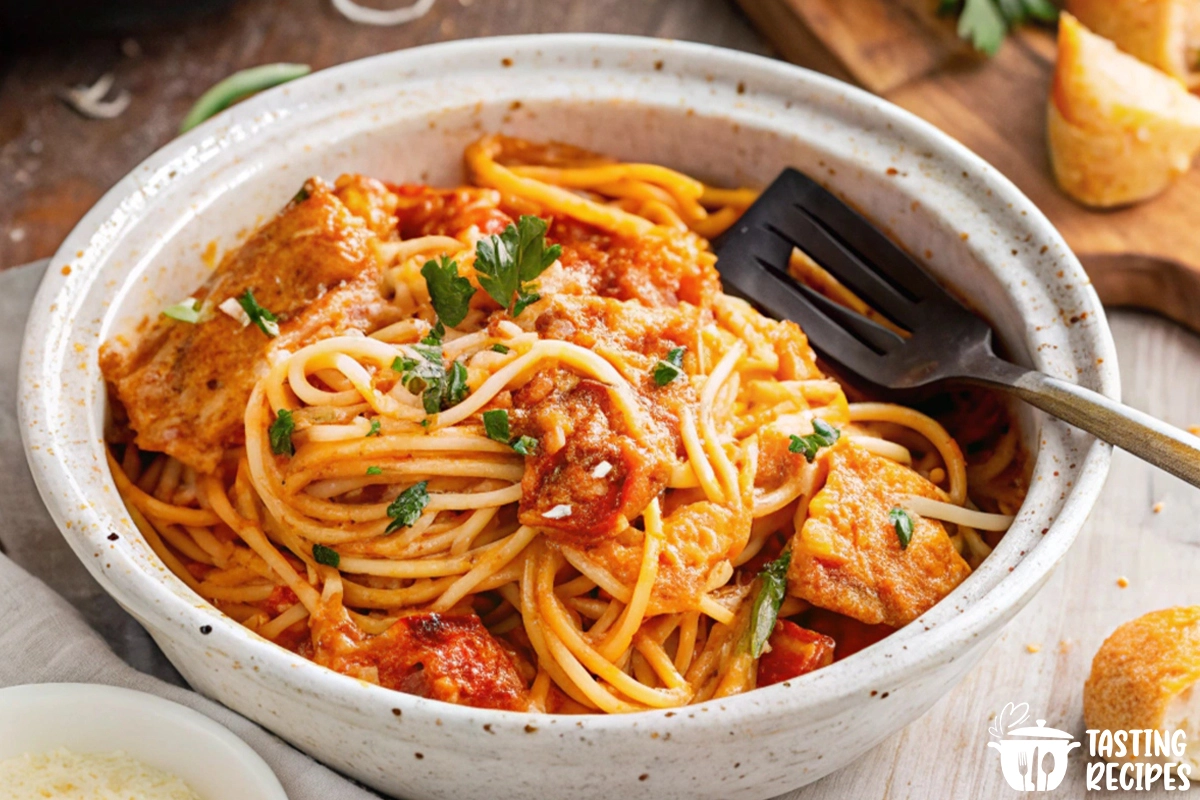 A creamy bowl of crockpot chicken spaghetti with cheese and parsley garnish