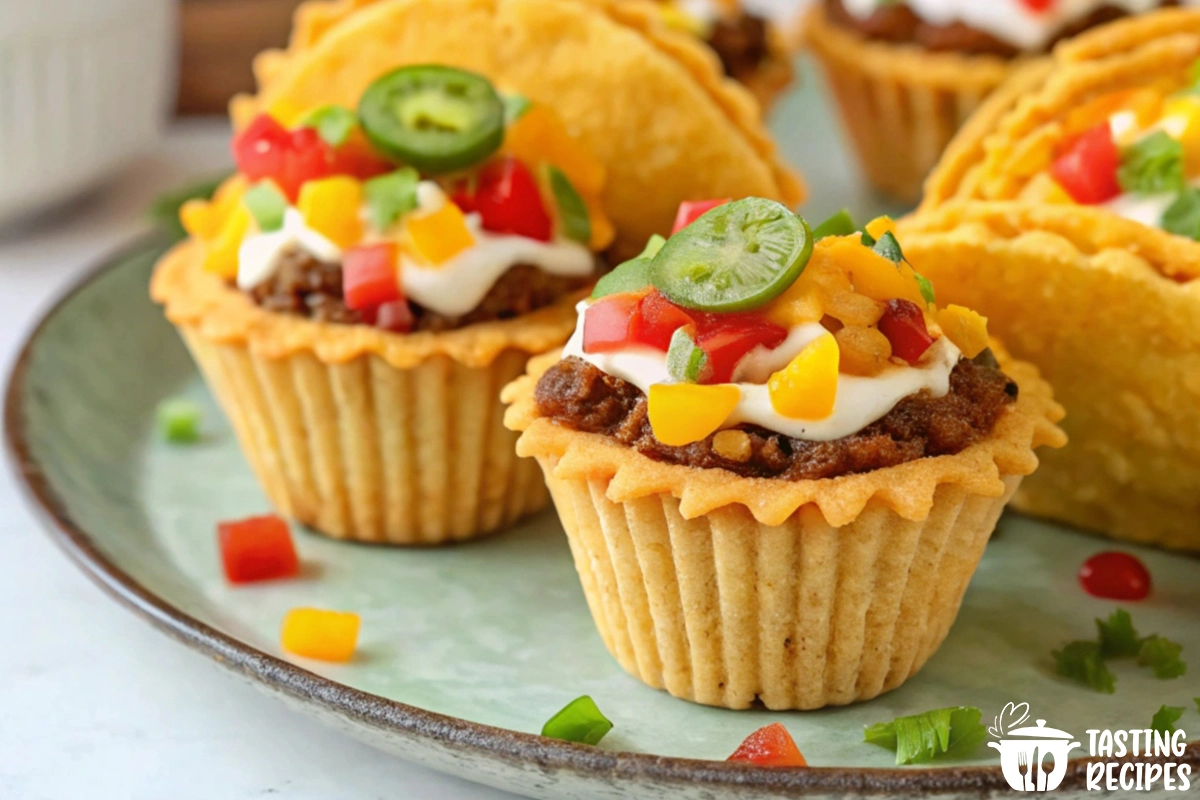 Crispy taco cupcakes topped with cheese, tomatoes, and cilantro.