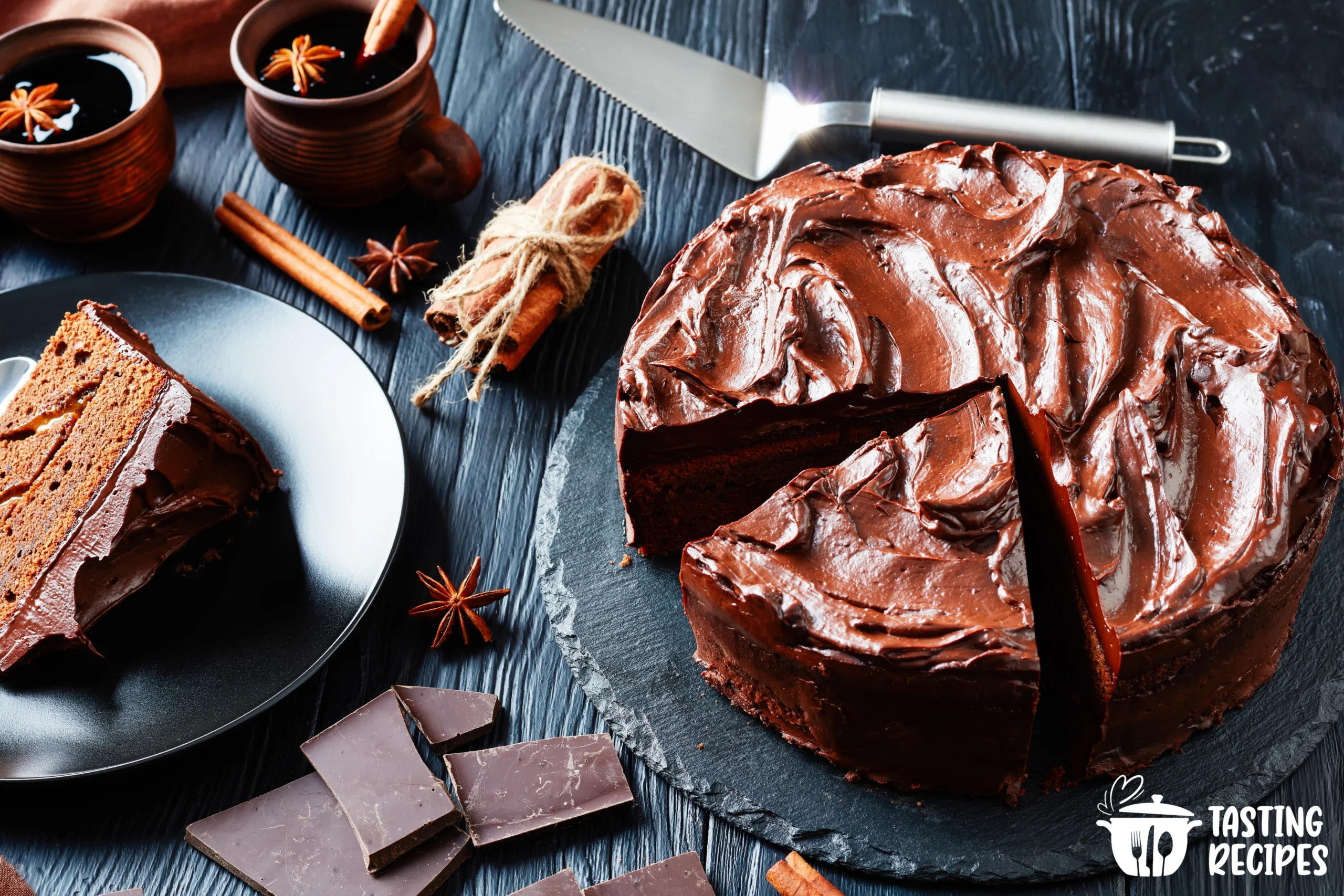 A rich slice of Matilda chocolate cake with glossy ganache on a plate