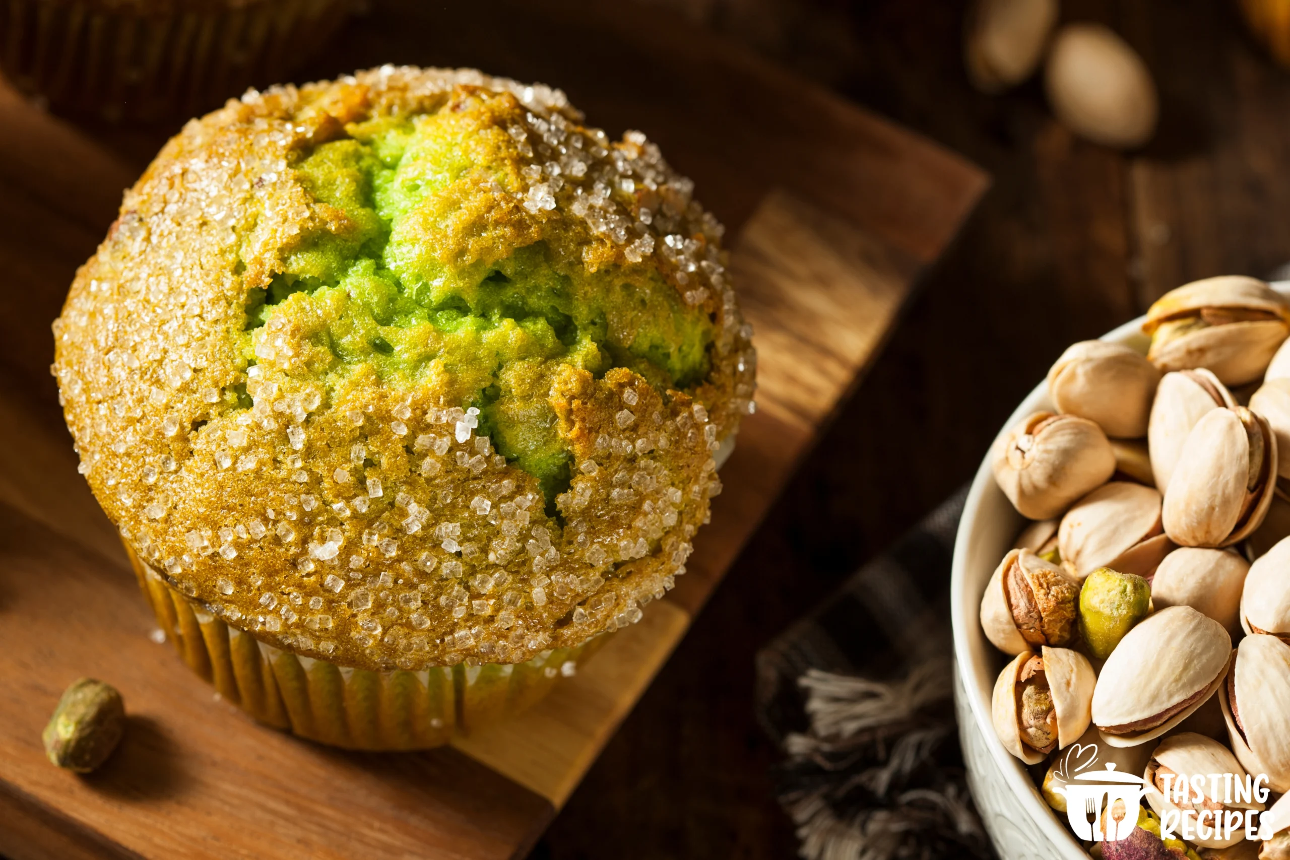 Freshly baked pistachio muffins with crushed pistachios on top