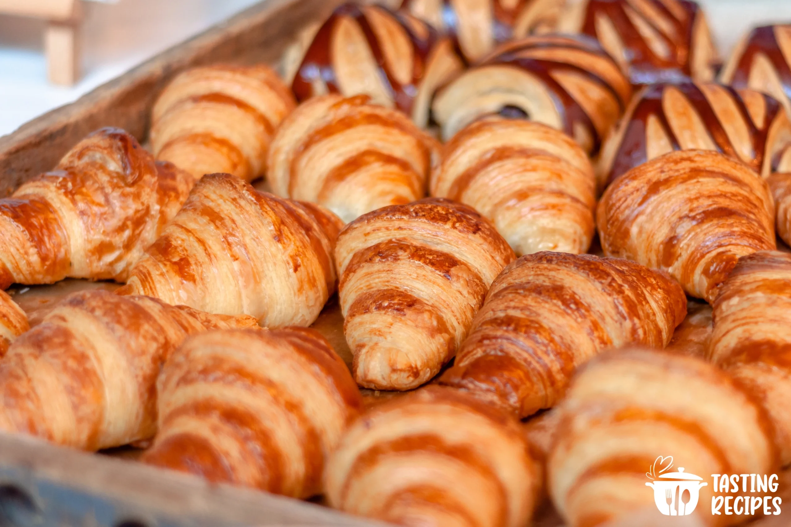 Freshly baked Swiss Gipfeli on a cooling rack, showing flaky layers.