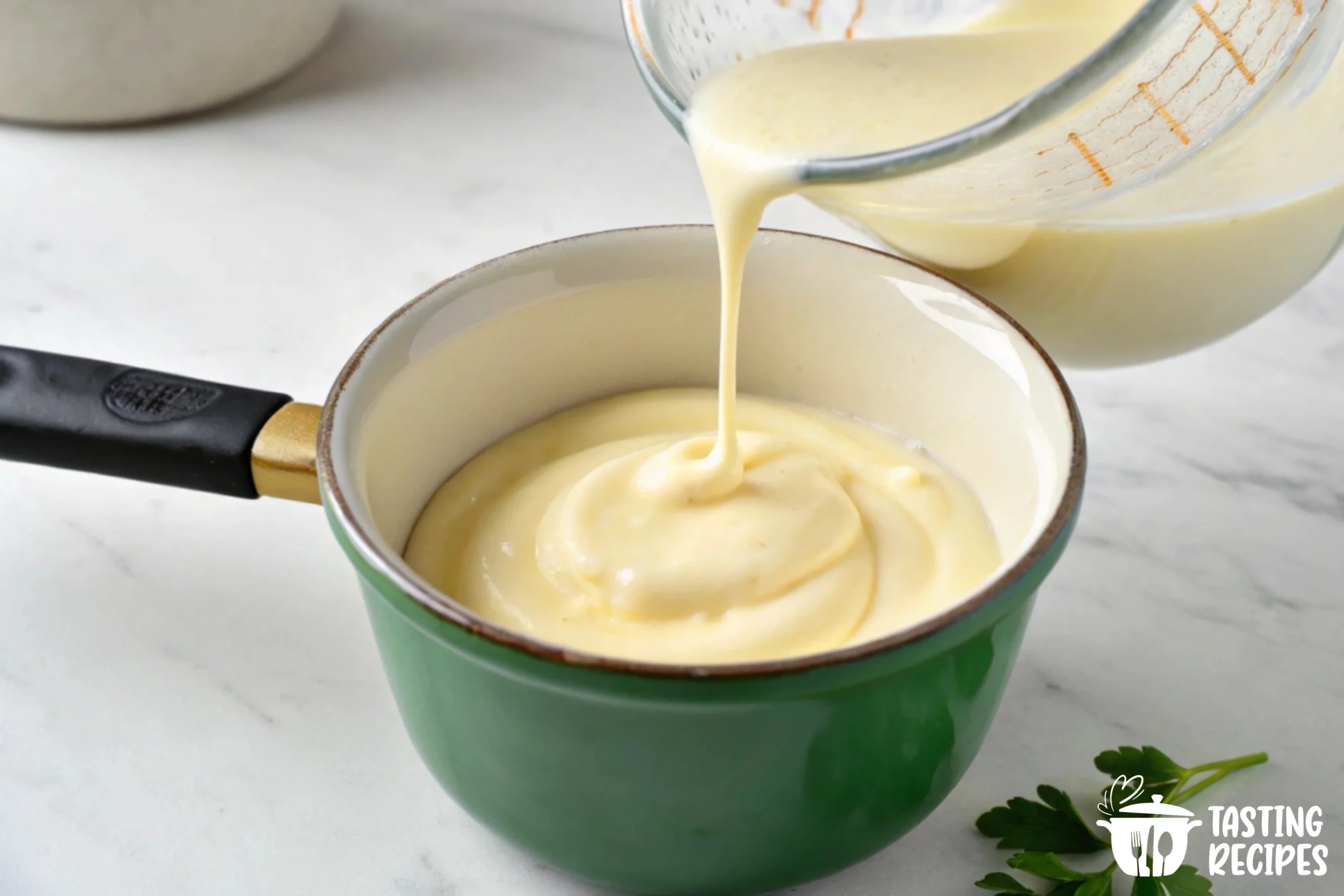 A creamy HelloFresh sauce base with fresh ingredients on a countertop.