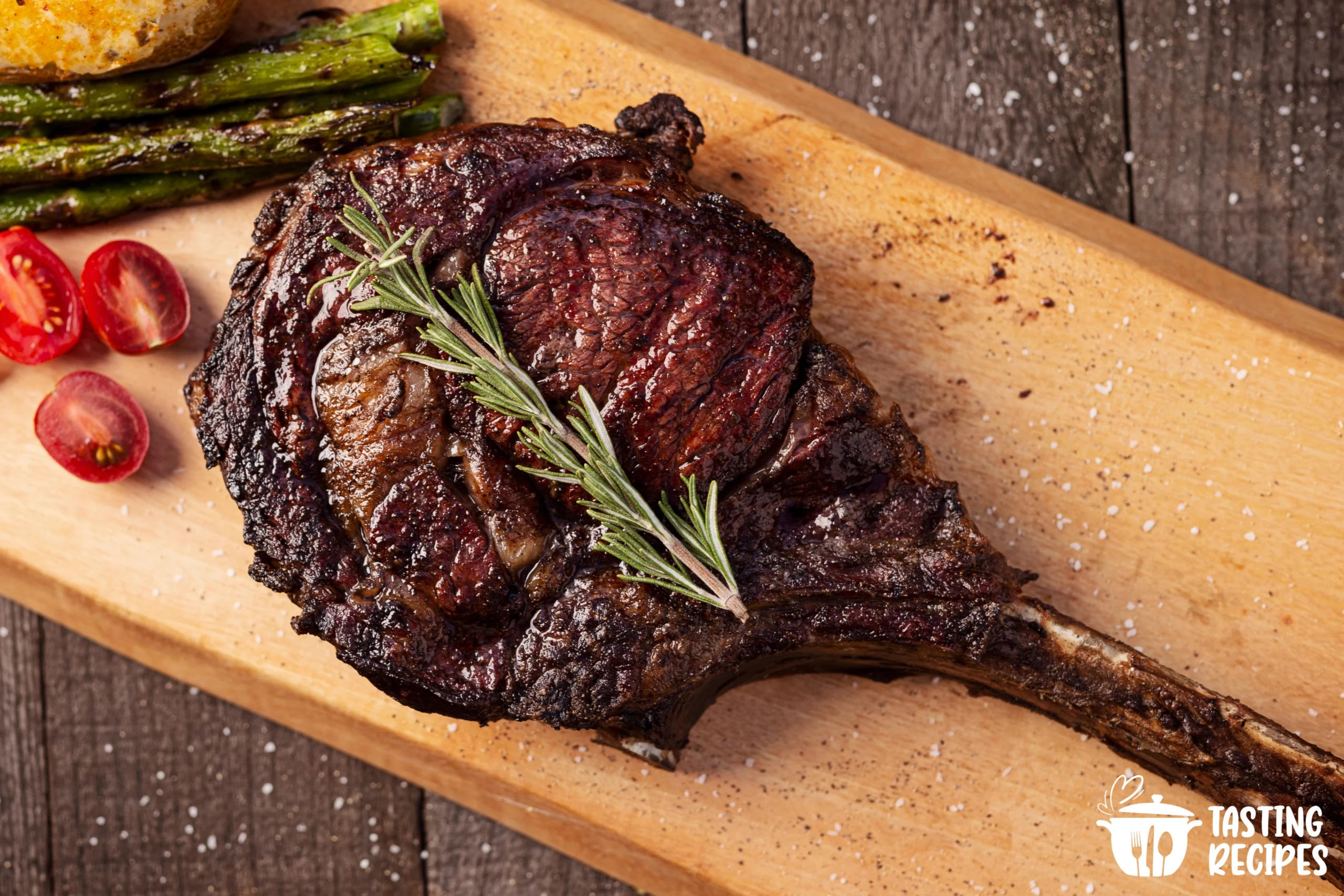 Tomahawk ribeye steak on a wooden board with herbs