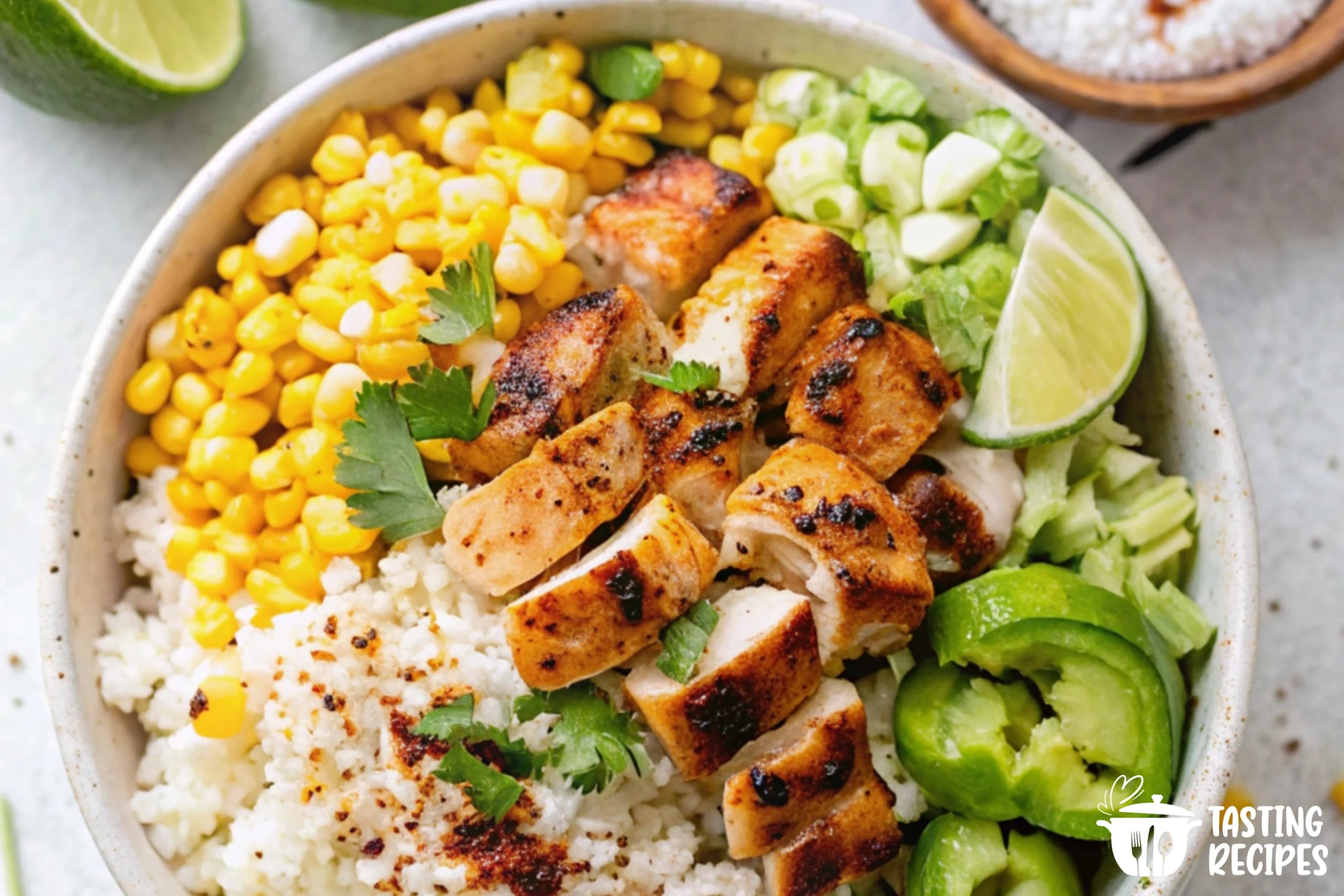 A vibrant and colorful Street Corn Chicken Rice Bowl with grilled chicken, charred corn, fresh avocado, and a creamy dressing