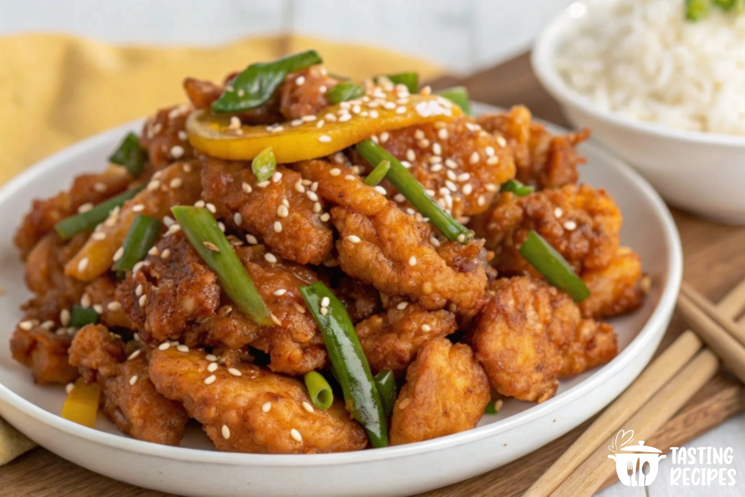 A crispy, golden honey sesame chicken with sesame seeds and garnished with green onions served on a white plate