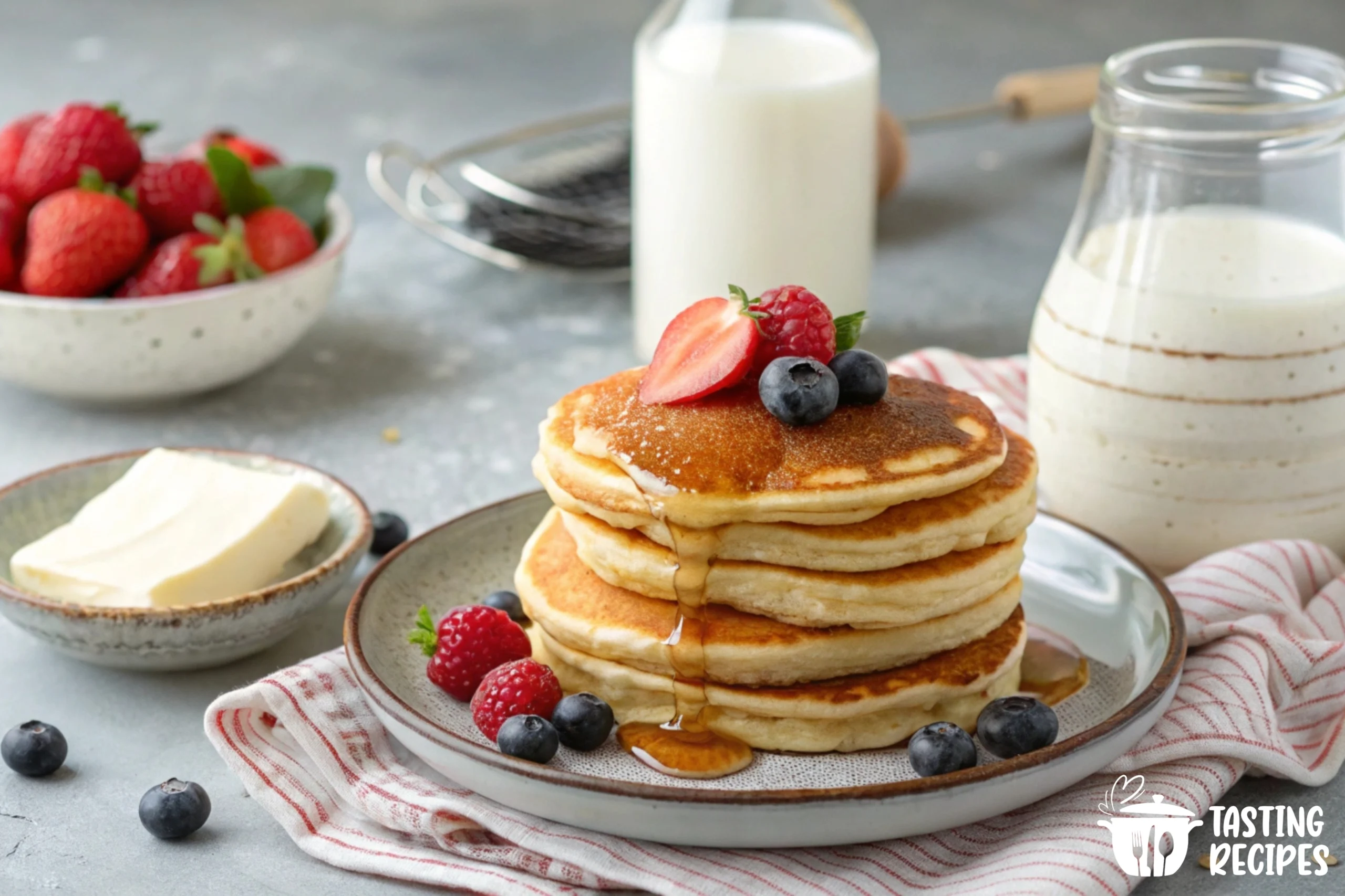 Fluffy pancakes with syrup and fresh berries on a plate