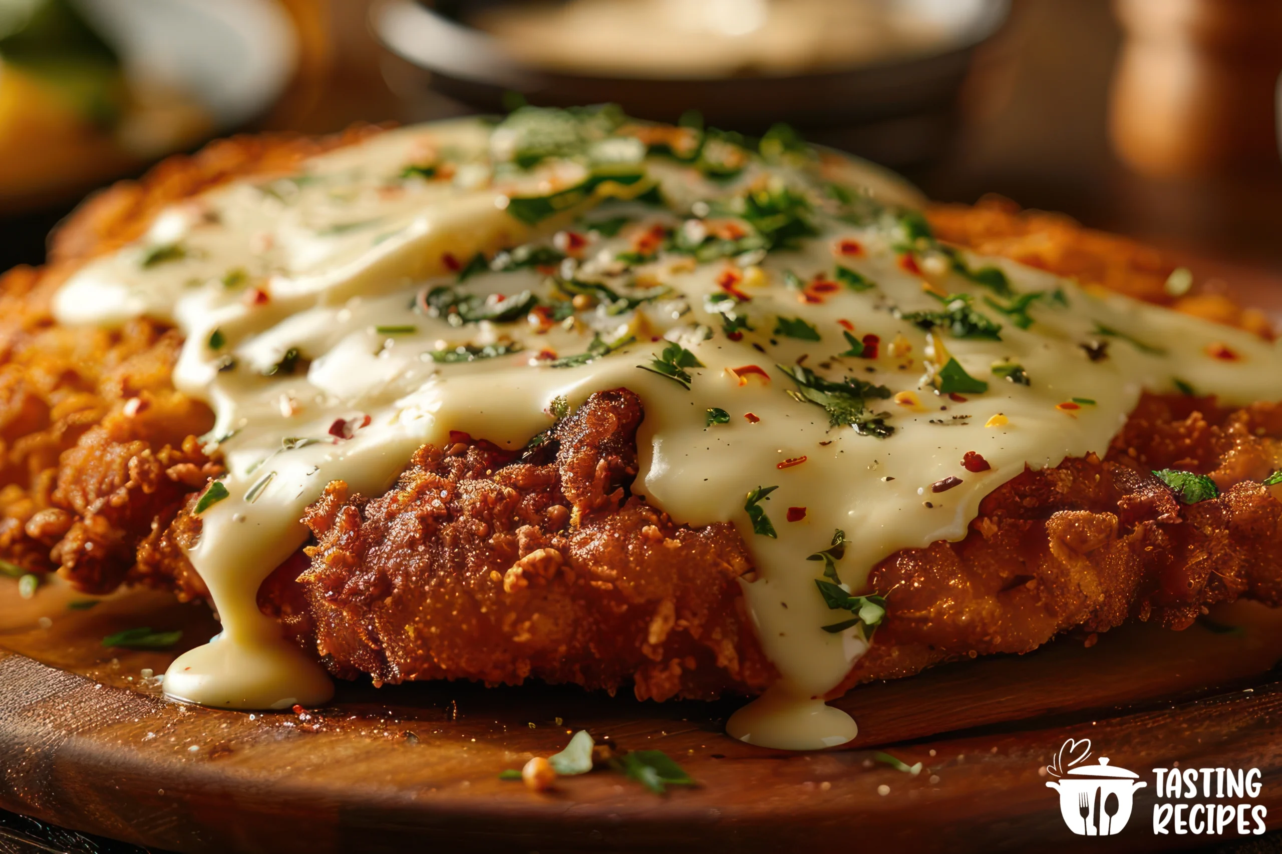 LongHorn Parmesan Crusted Chicken with creamy sauce and parsley on a plate