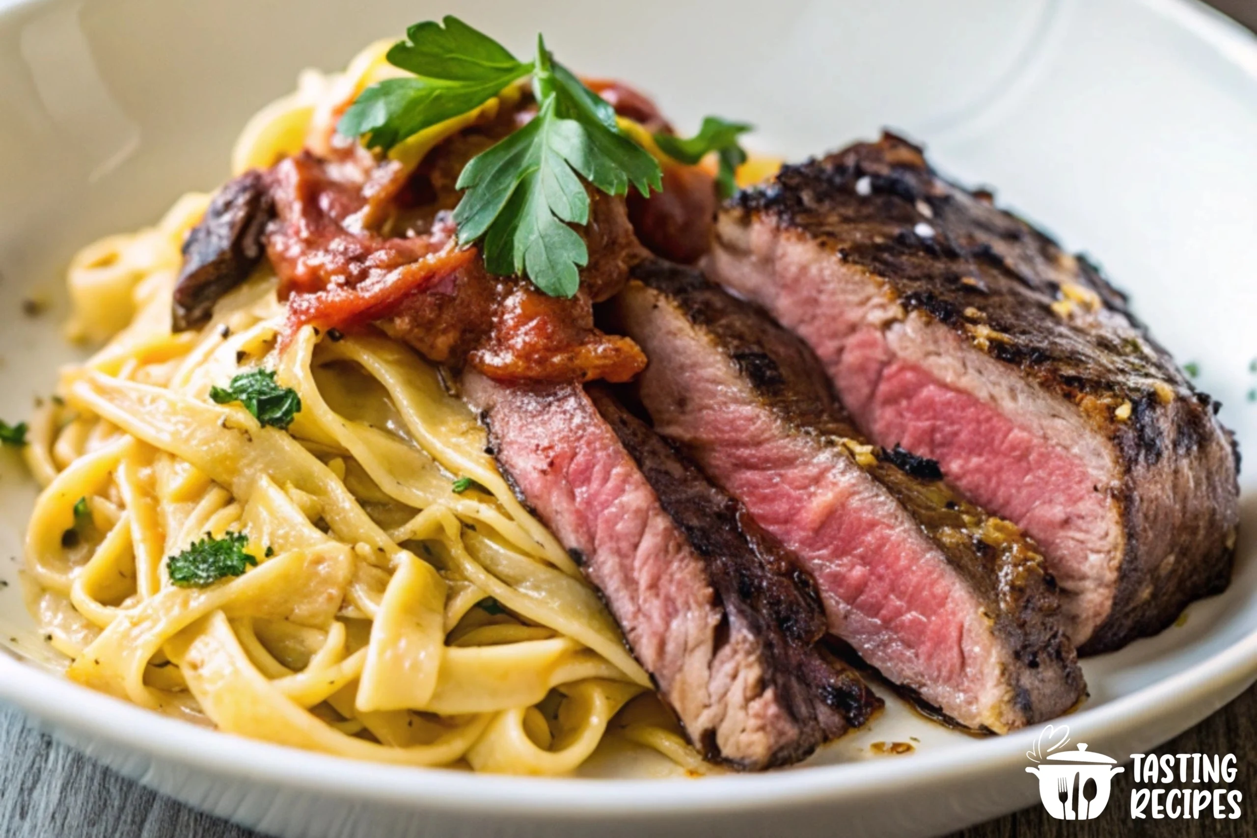 A juicy beef steak paired with creamy pasta on a white plate, garnished with fresh herbs.