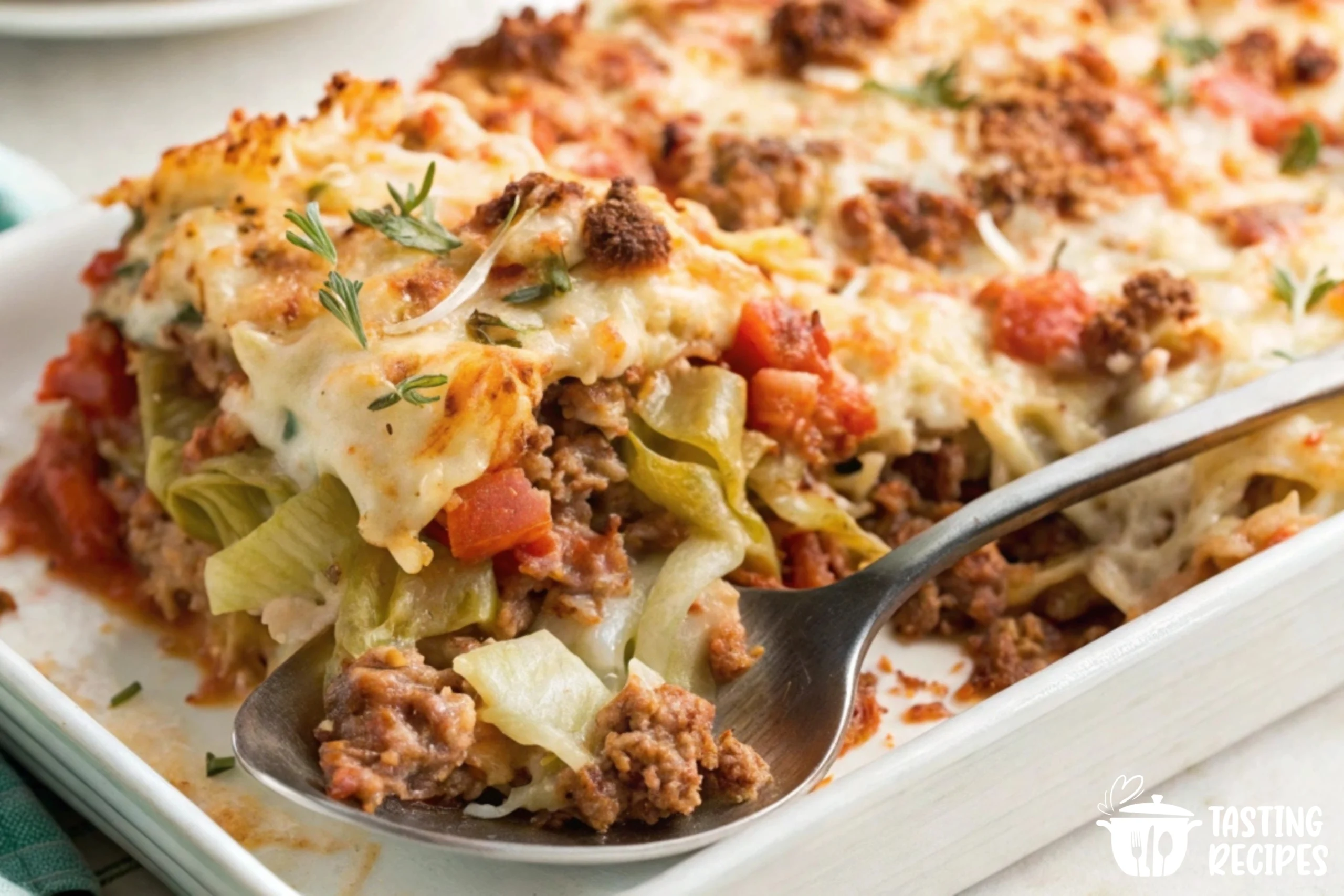 A delicious hamburger cabbage casserole fresh from the oven, golden and bubbly, ready to serve.