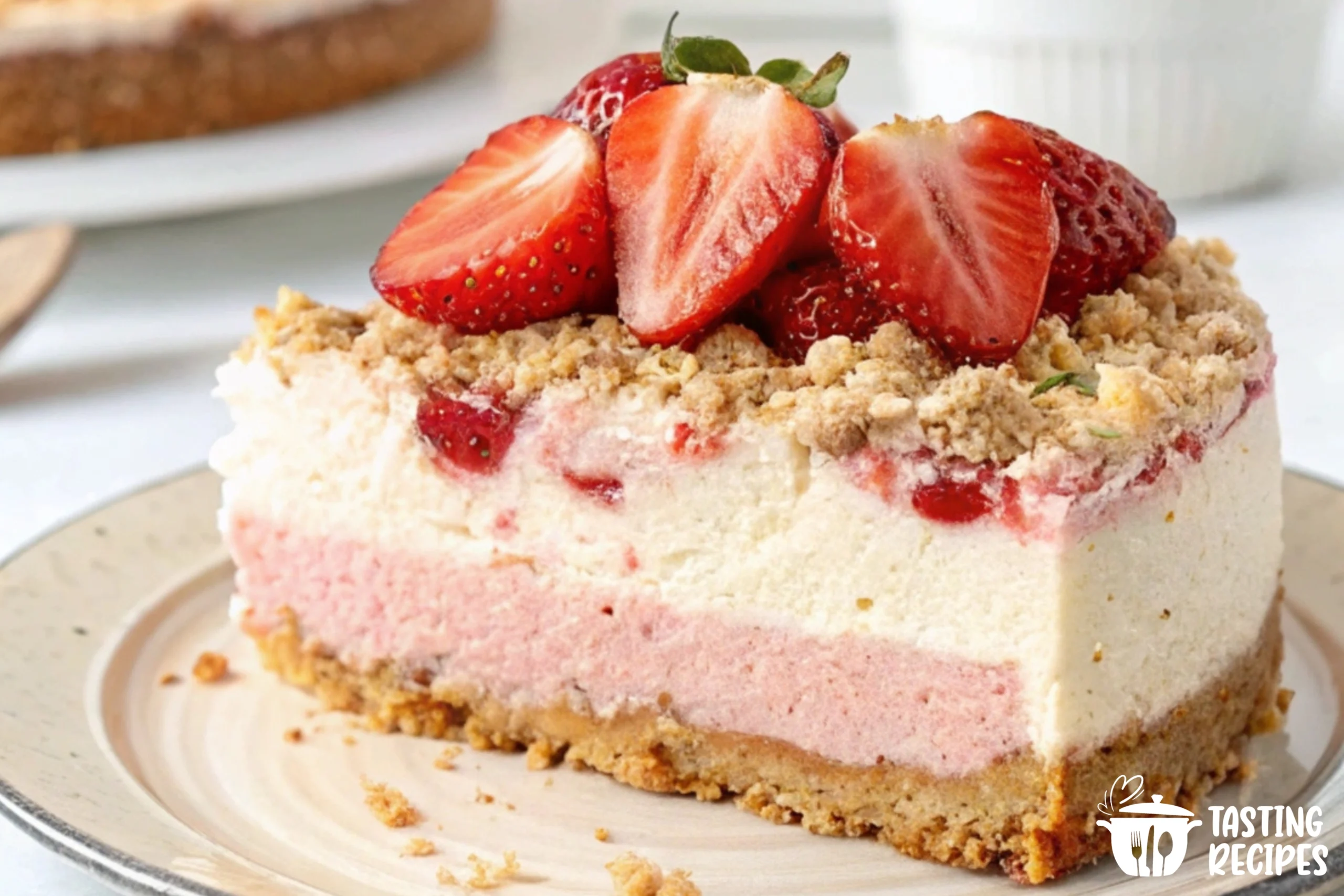 A close-up shot of strawberry crunch cheesecake with a crunchy topping