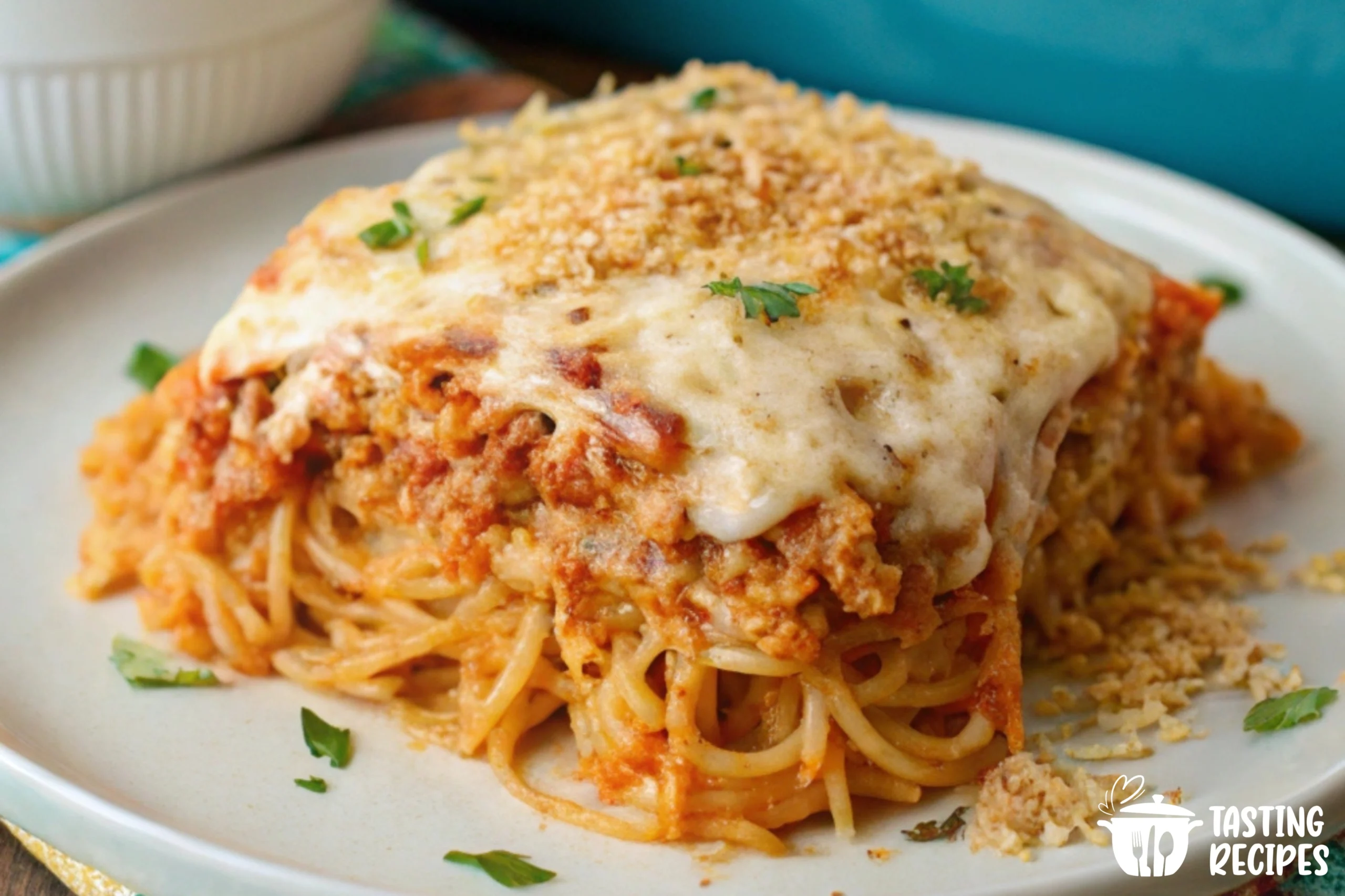 A baked spaghetti with cream cheese topped with melted cheese and herbs.