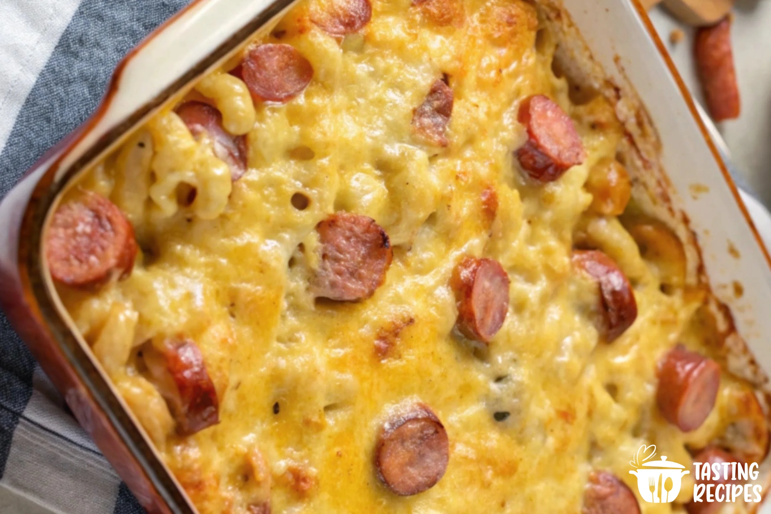 A delicious hot dog casserole with crispy cheese topping, served in a baking dish.