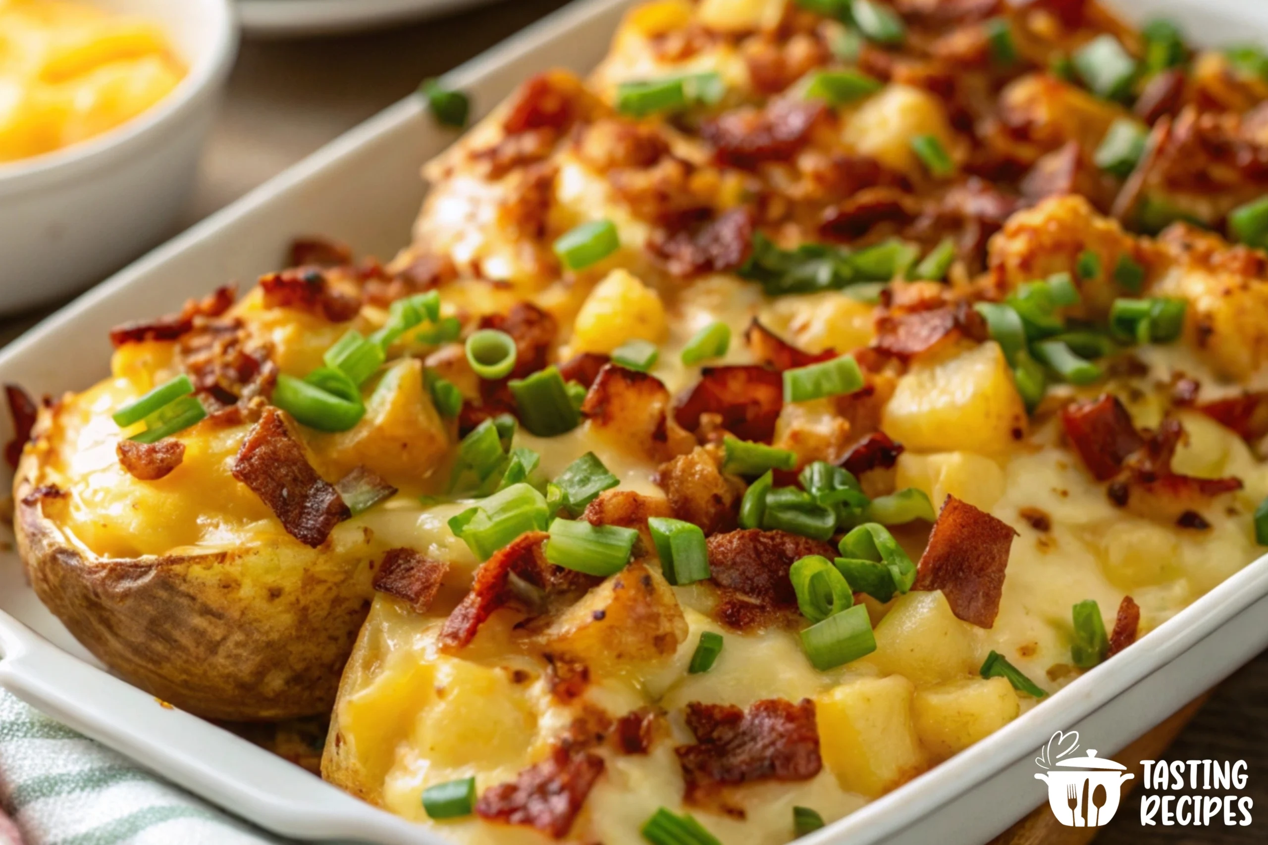 A creamy potato casserole topped with melted cheese, bacon, and green onions in a baking dish.