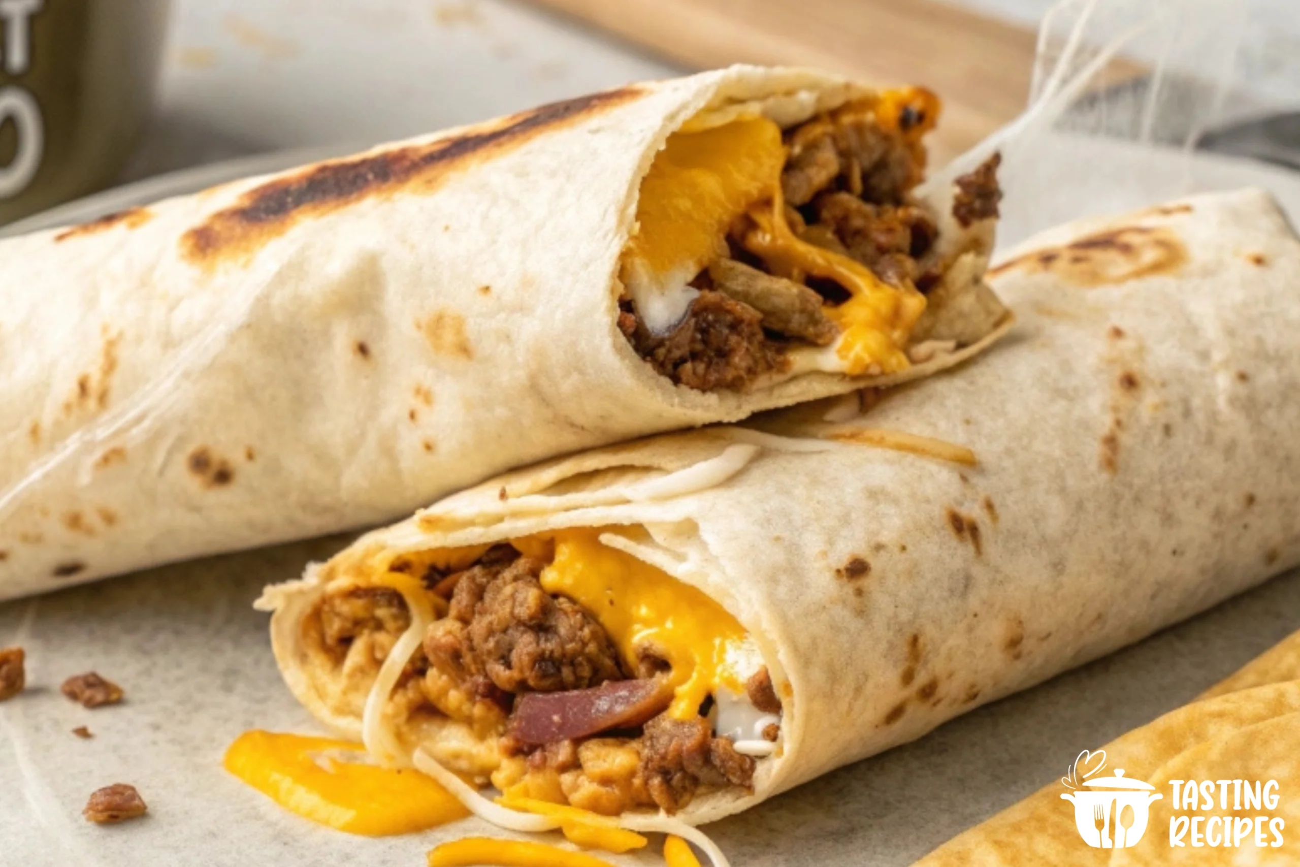 A Beefy Melt Burrito with gooey cheese, seasoned beef, and rice, served with guacamole on a wooden plate.