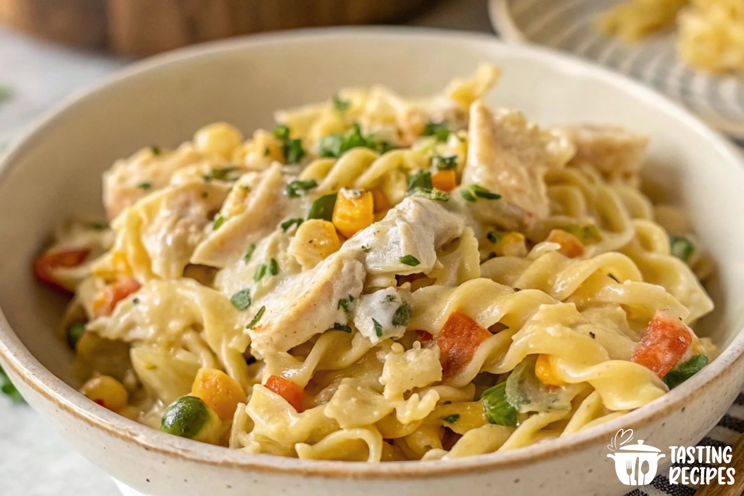 Chicken pot pie pasta with creamy sauce, chicken, and vegetables in a rustic bowl.