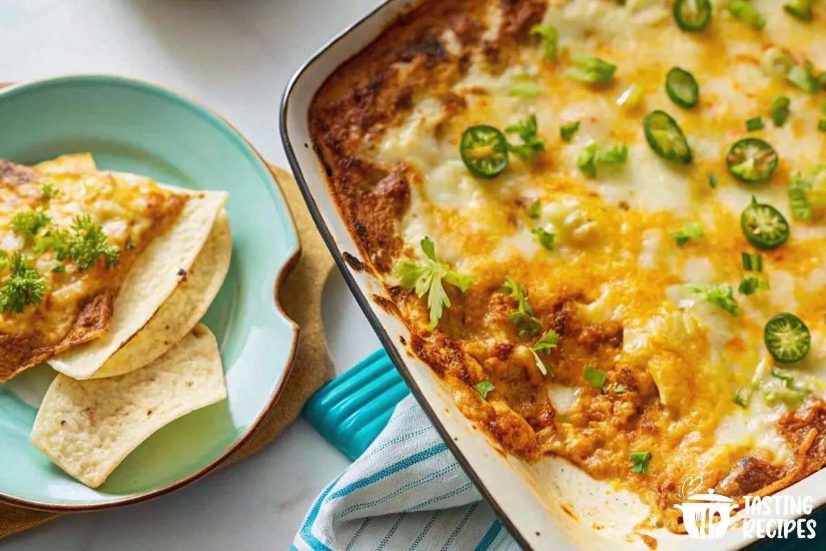 A cheesy, spicy Texas Trash Dip served with tortilla chips