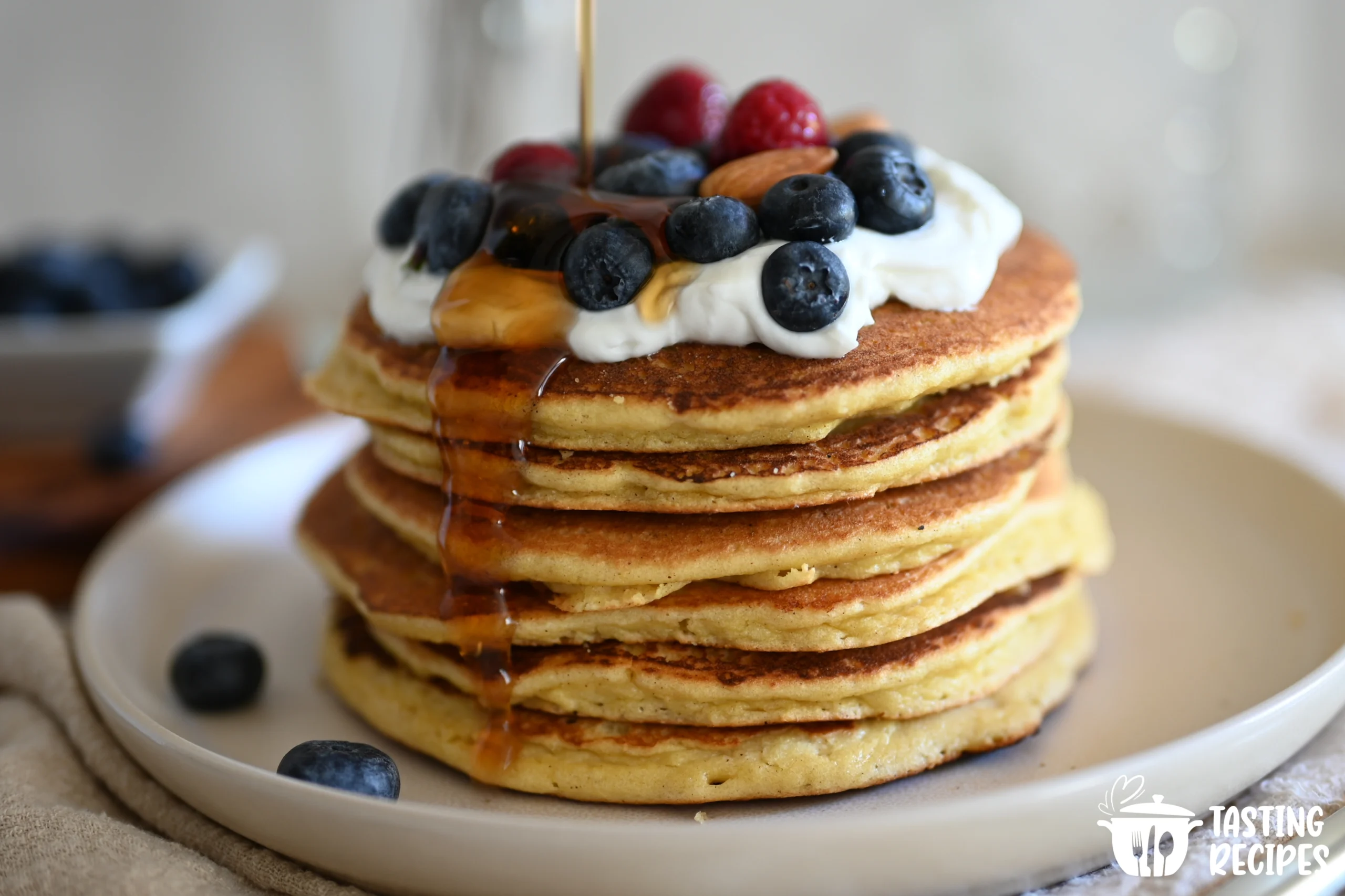 Fluffy pancakes served on a plate with syrup and fresh fruit