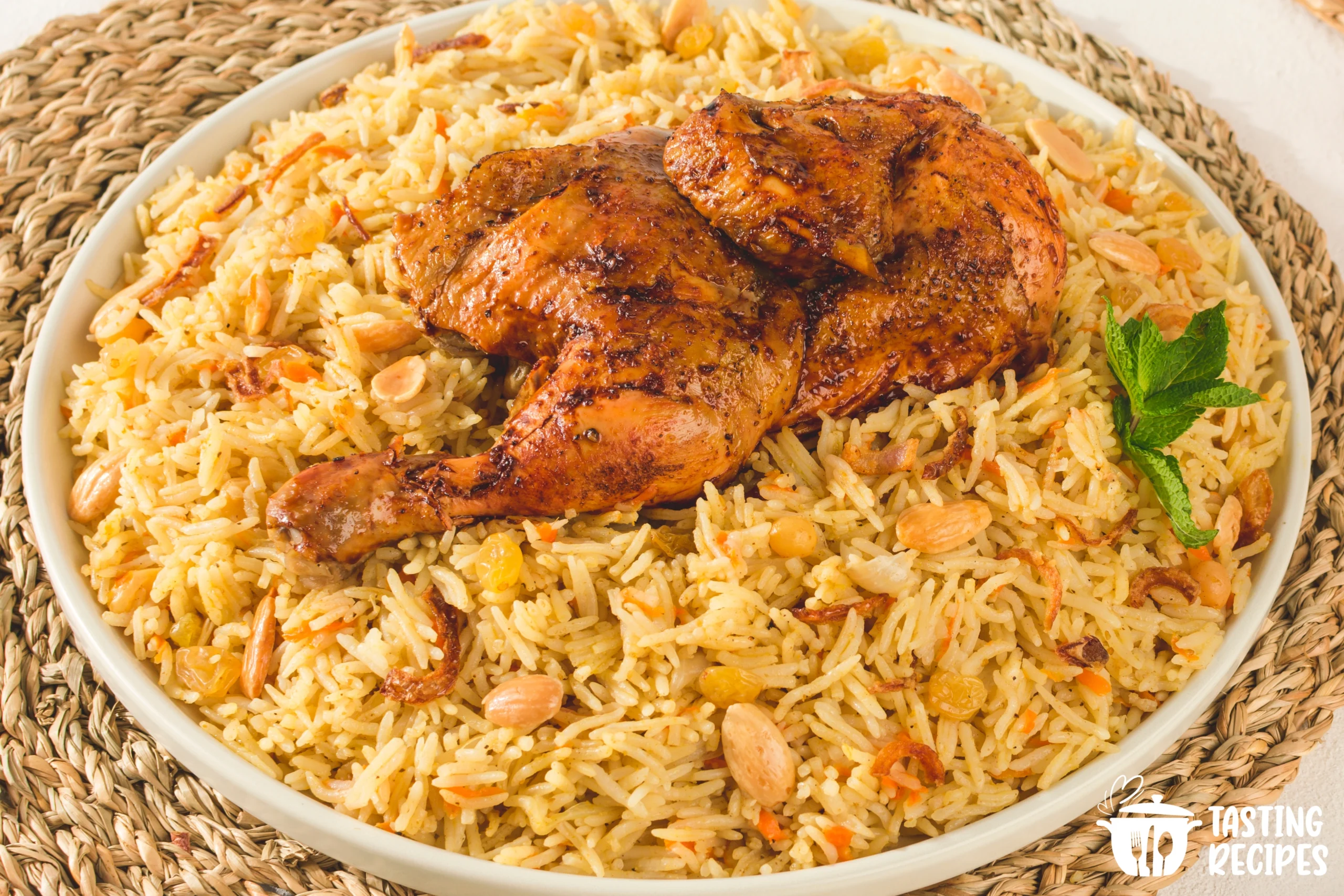 A vibrant chicken and yellow rice dish garnished with fresh herbs on a white plate